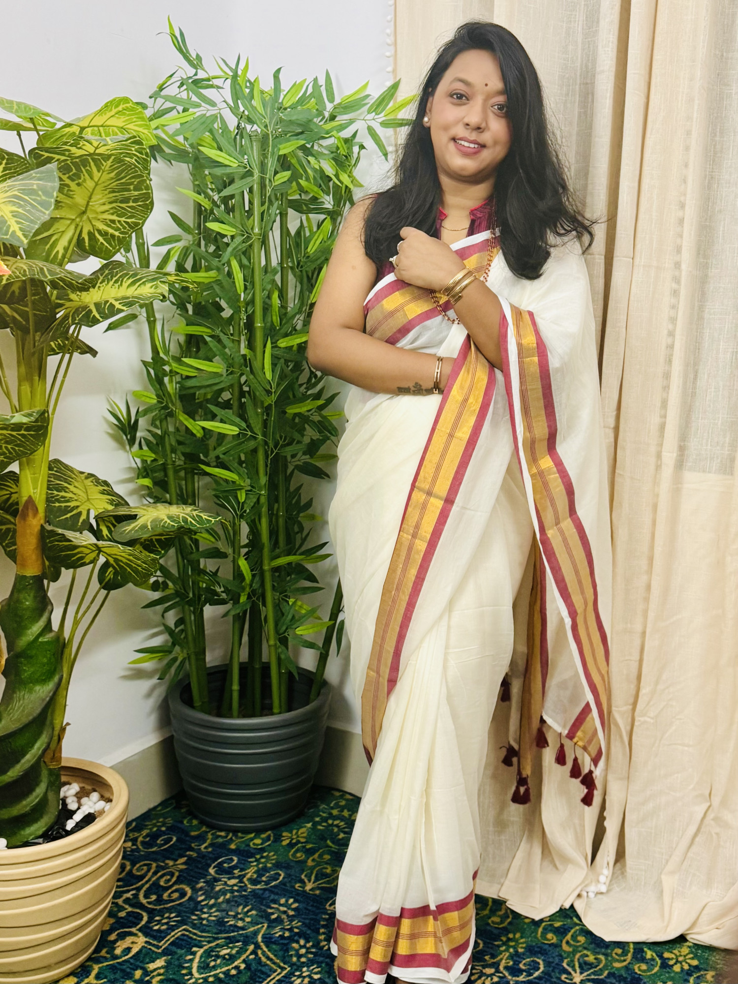 White Mulmul Cotton Saree with Red Golden Zari Border