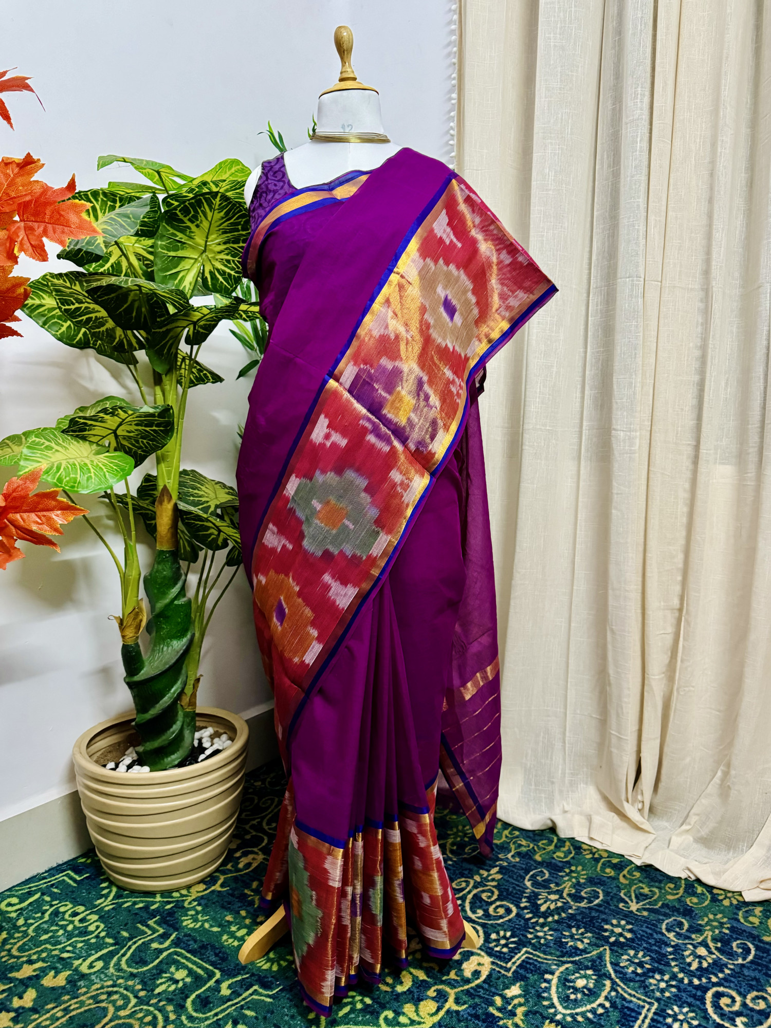 Neelima Venkatagiri Handwoven Cotton Saree in Royal Purple with Ikat Border