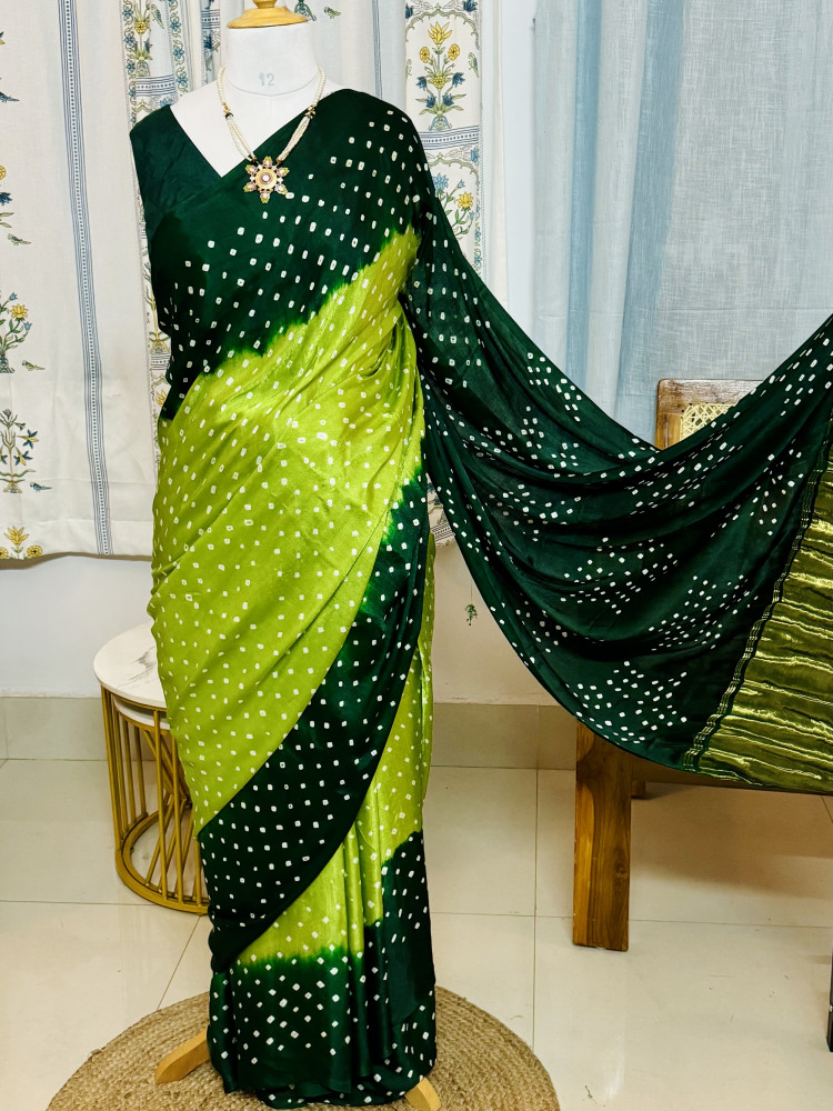 Image of Handcrafted Bandhani Saree in Pure Modal Silk – Green