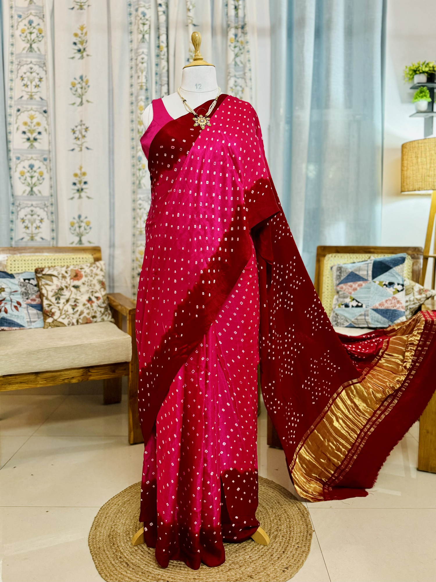 Handcrafted Bandhani Saree in Pure Modal Silk RedPink