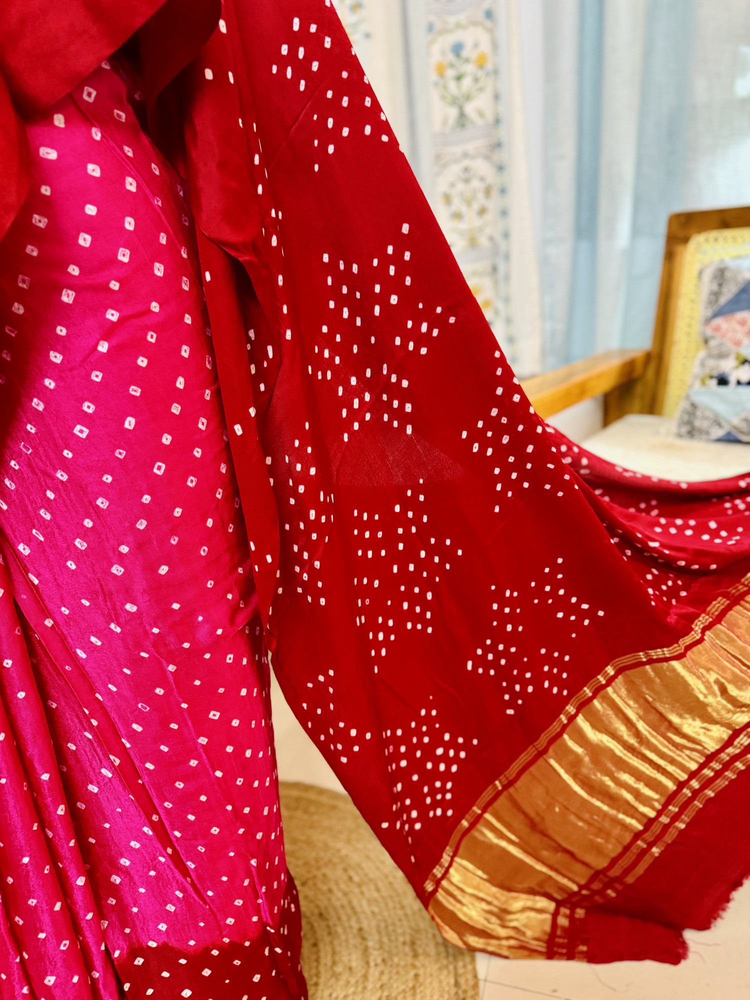 Handcrafted Bandhani Saree in Pure Modal Silk RedPink