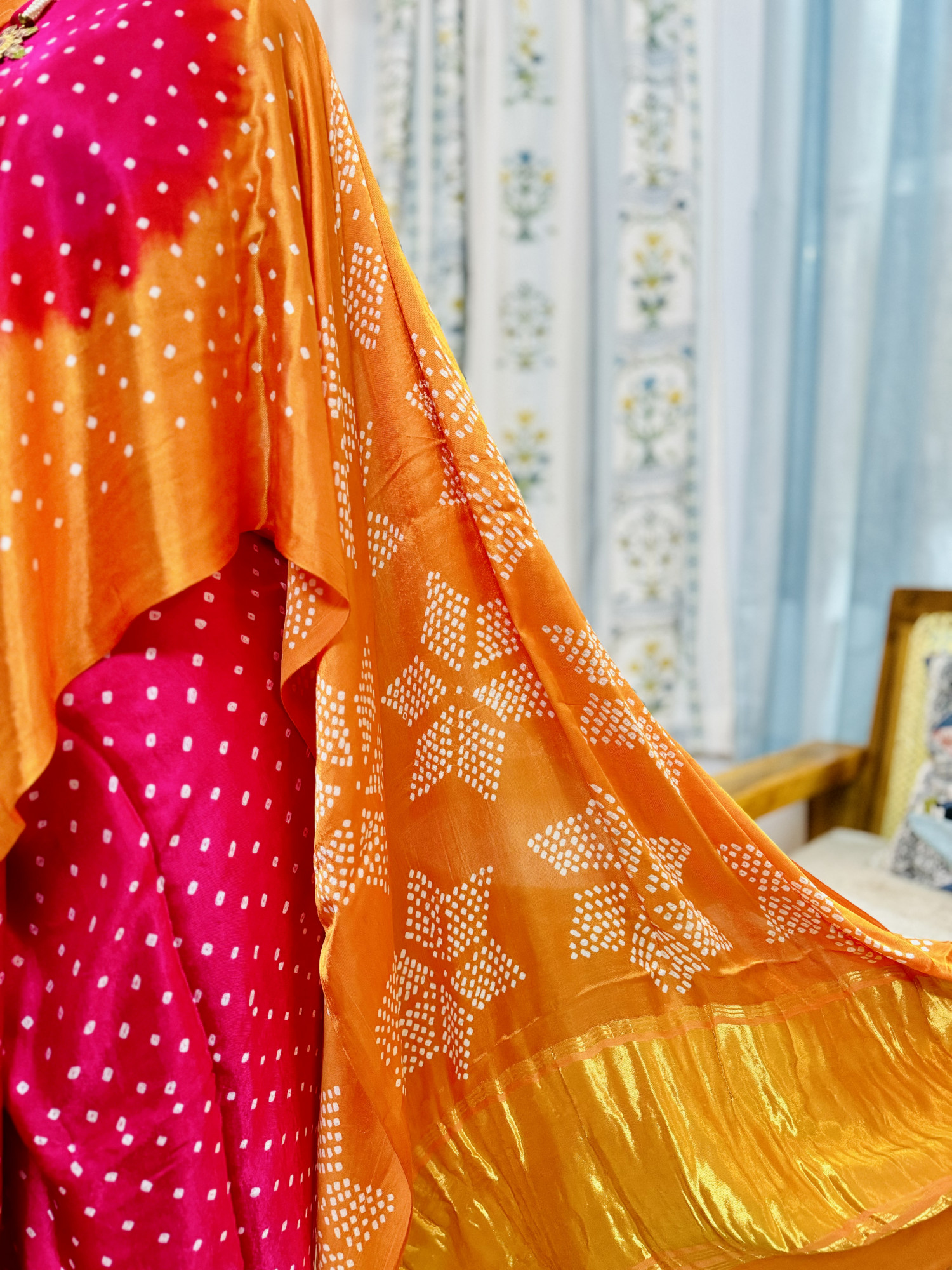 Handcrafted Bandhani Saree in Pure Modal Silk Pink Orange