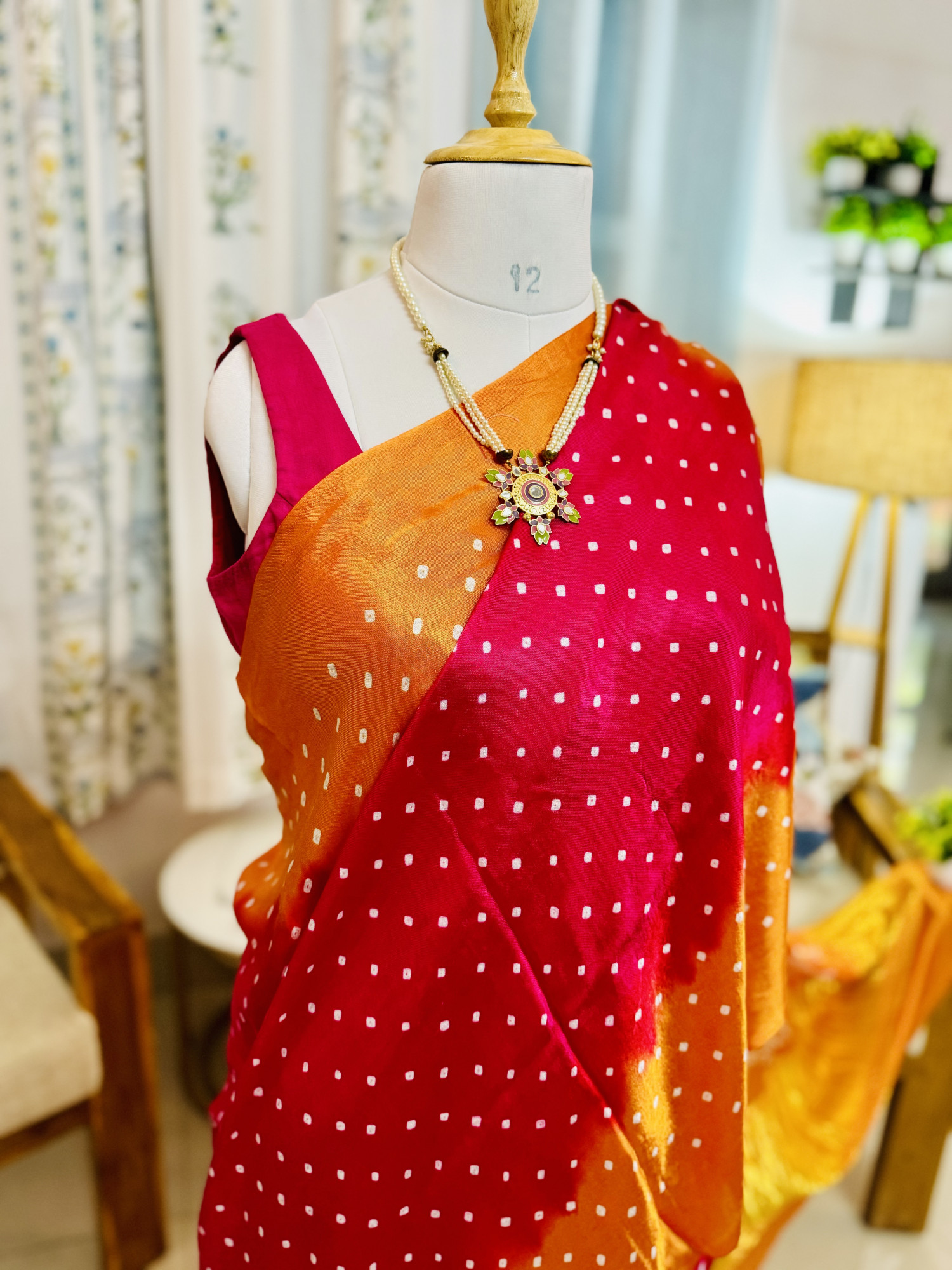 Handcrafted Bandhani Saree in Pure Modal Silk Pink Orange