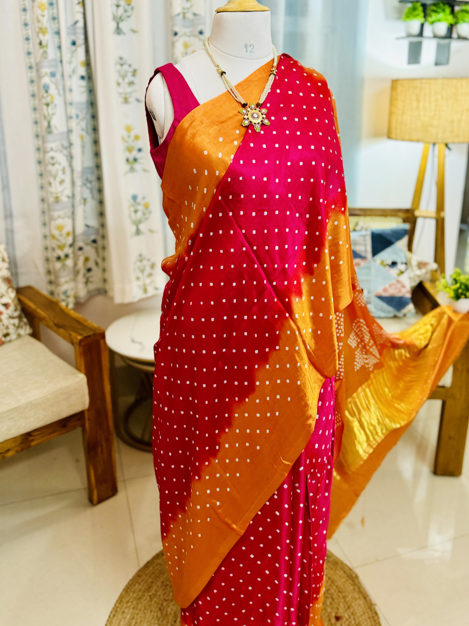 Handcrafted Bandhani Saree in Pure Modal Silk Pink Orange
