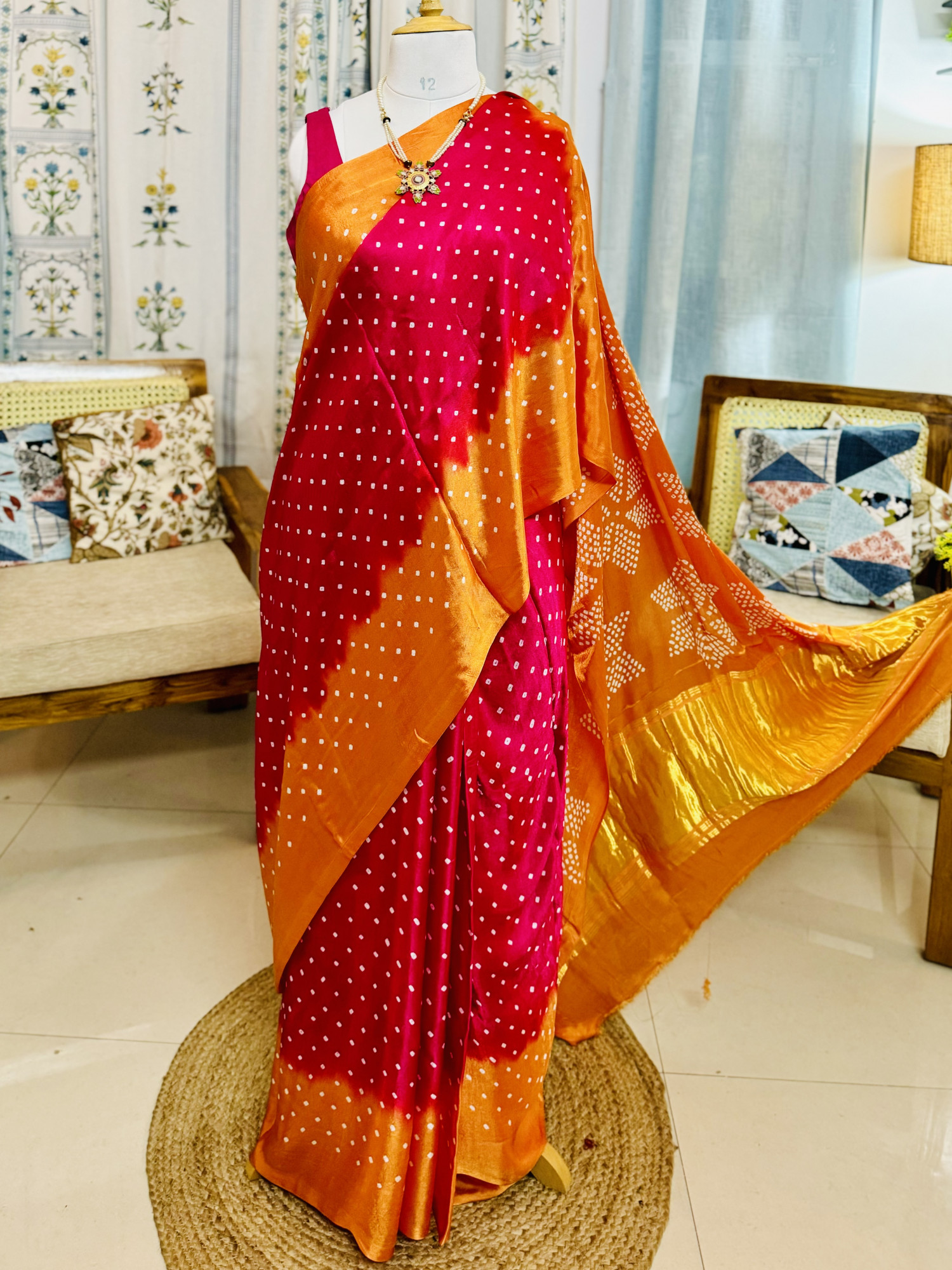 Handcrafted Bandhani Saree in Pure Modal Silk Pink Orange