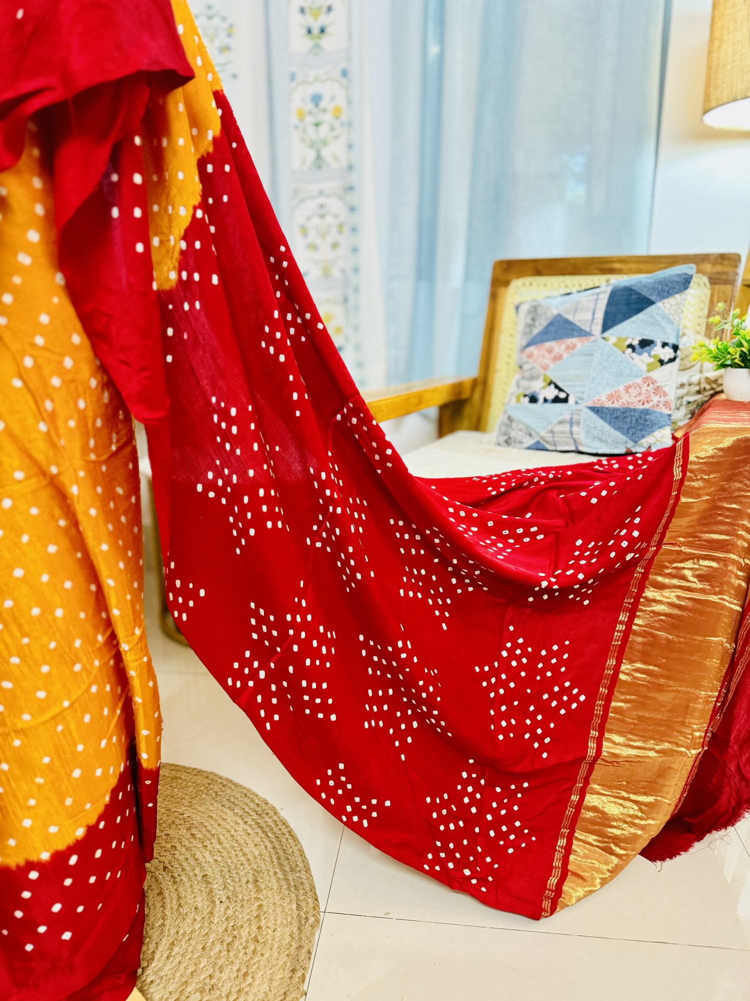 Handcrafted Bandhani Saree in Pure Modal Silk Red Orange