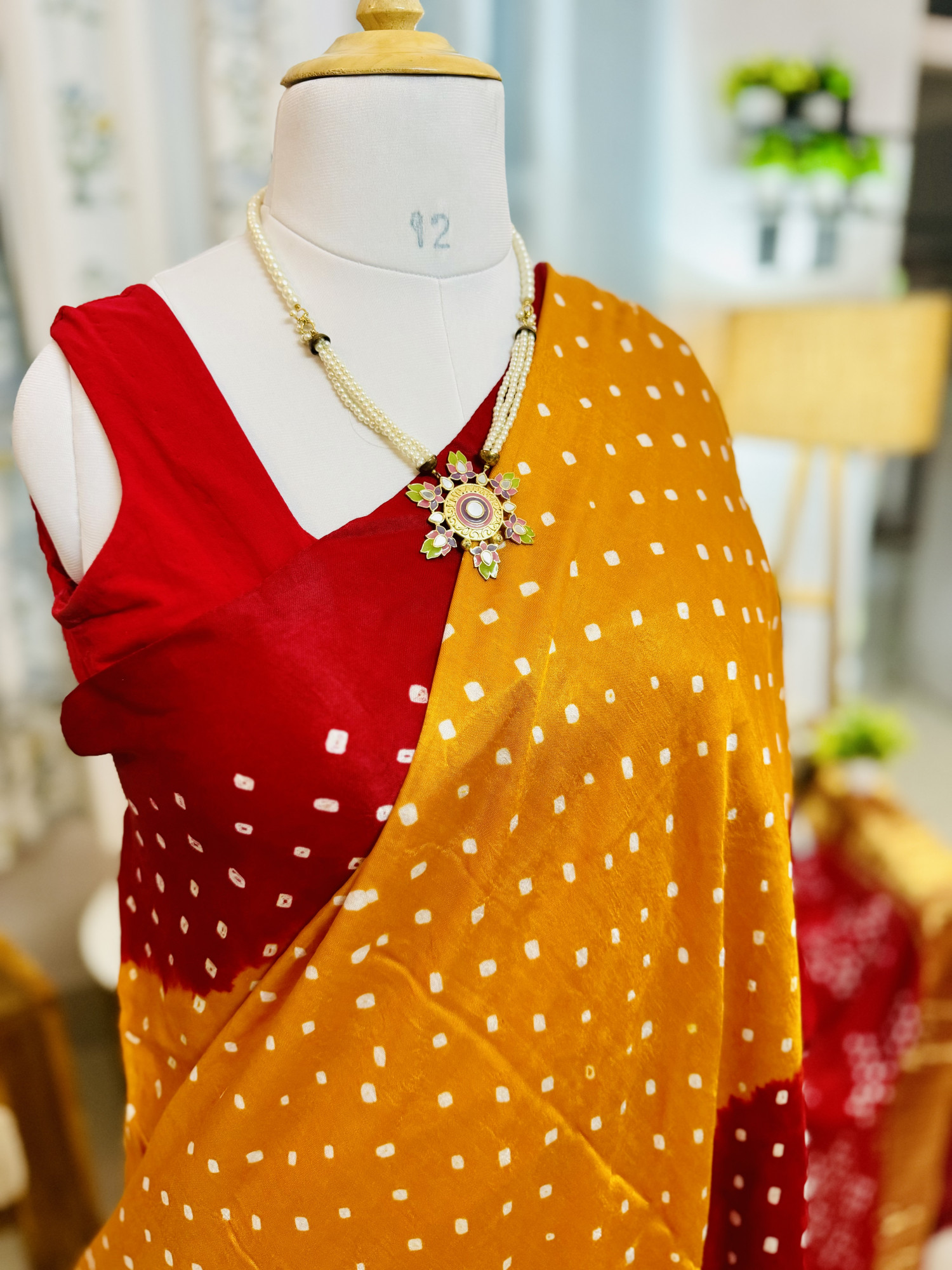 Handcrafted Bandhani Saree in Pure Modal Silk Red Orange