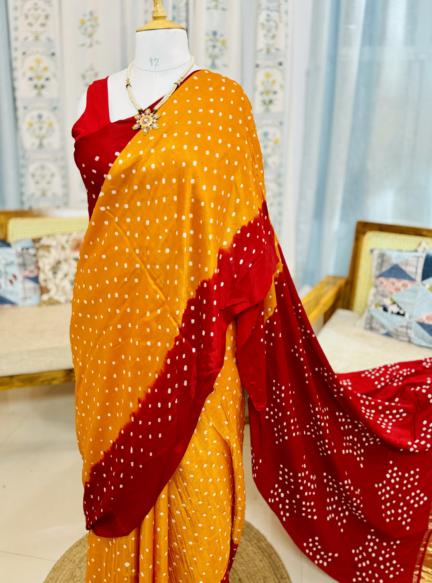 Handcrafted Bandhani Saree in Pure Modal Silk Red Orange