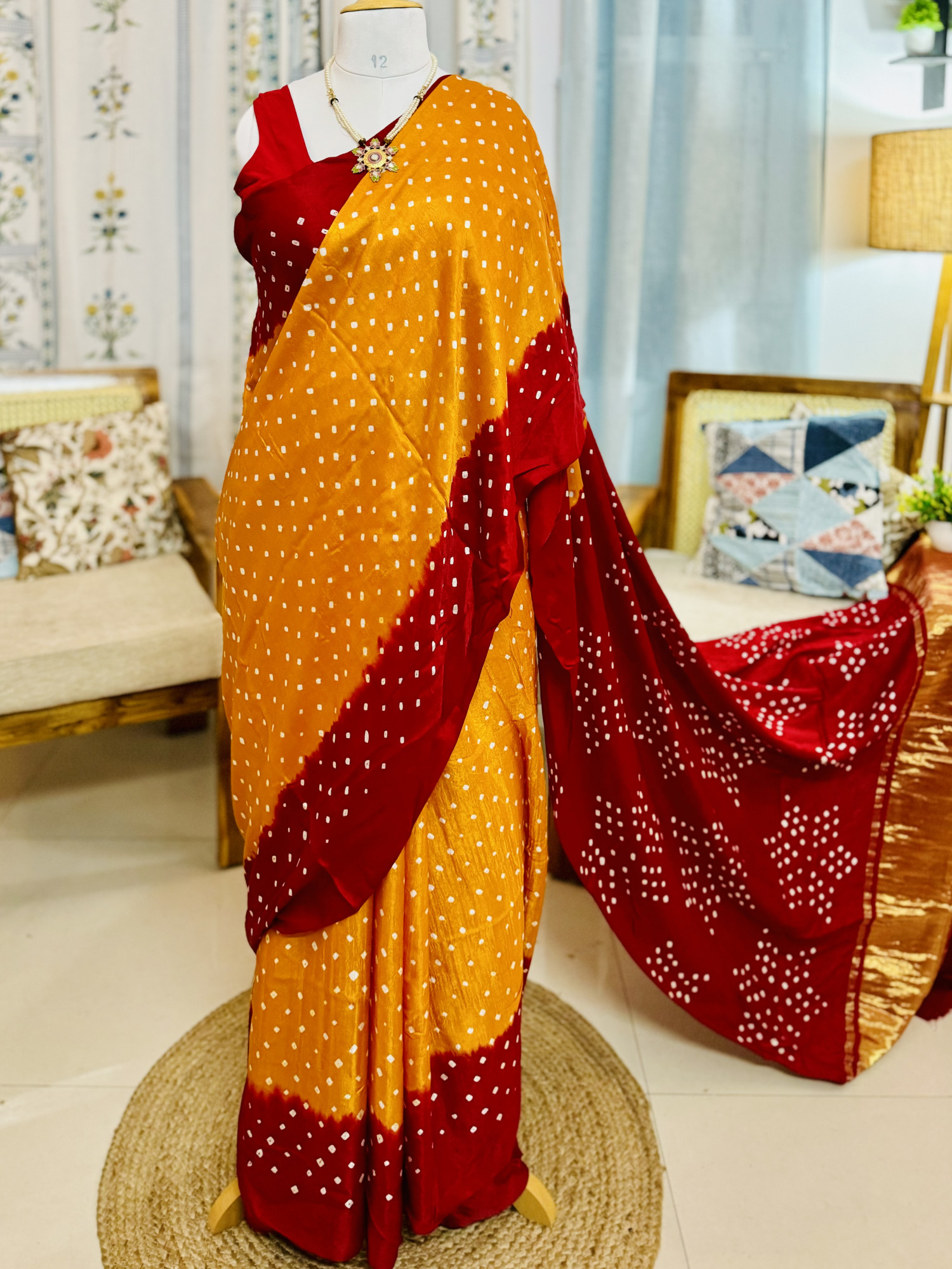 Handcrafted Bandhani Saree in Pure Modal Silk Red Orange