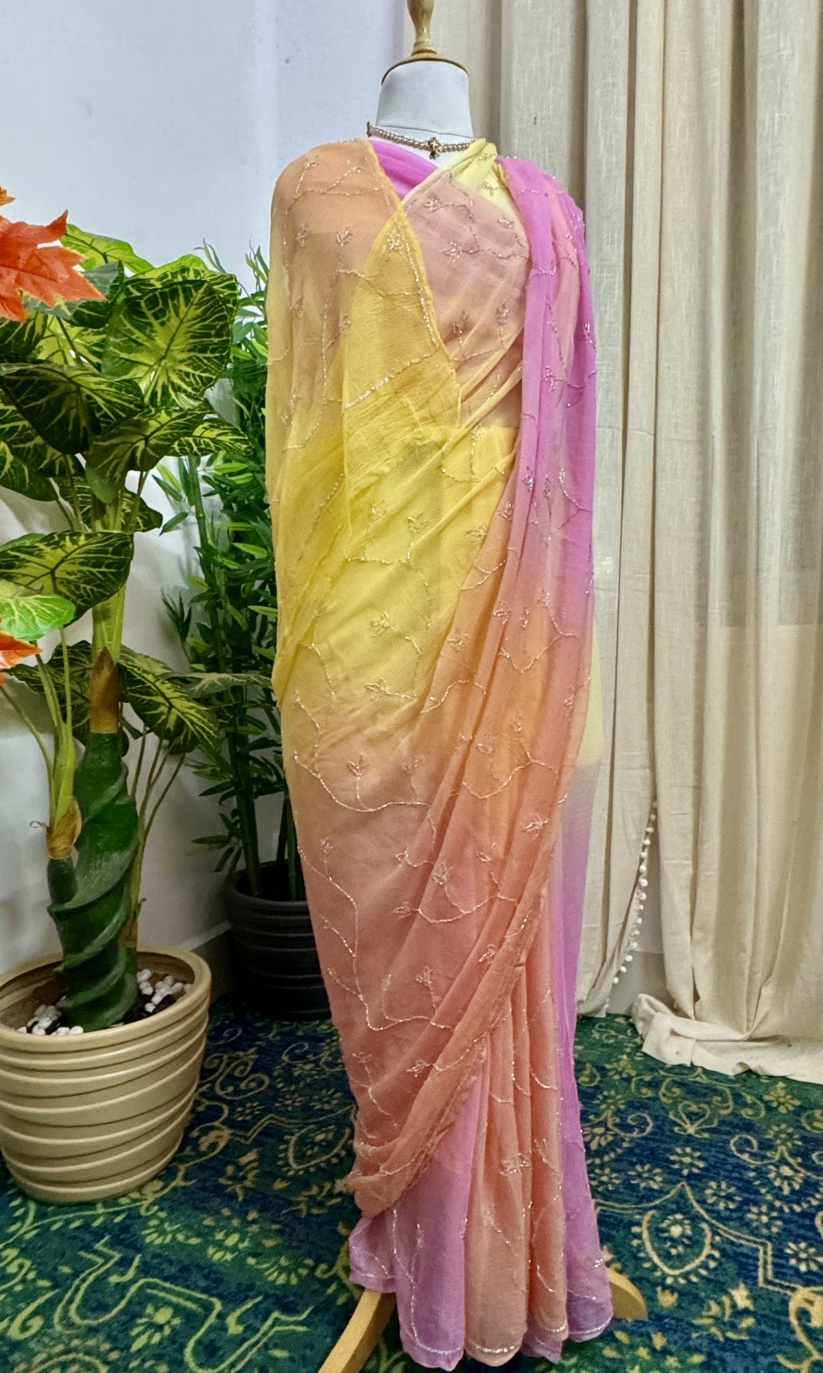Yellow Peach Pink Ombre Diamond Chiffon Handwork Saree