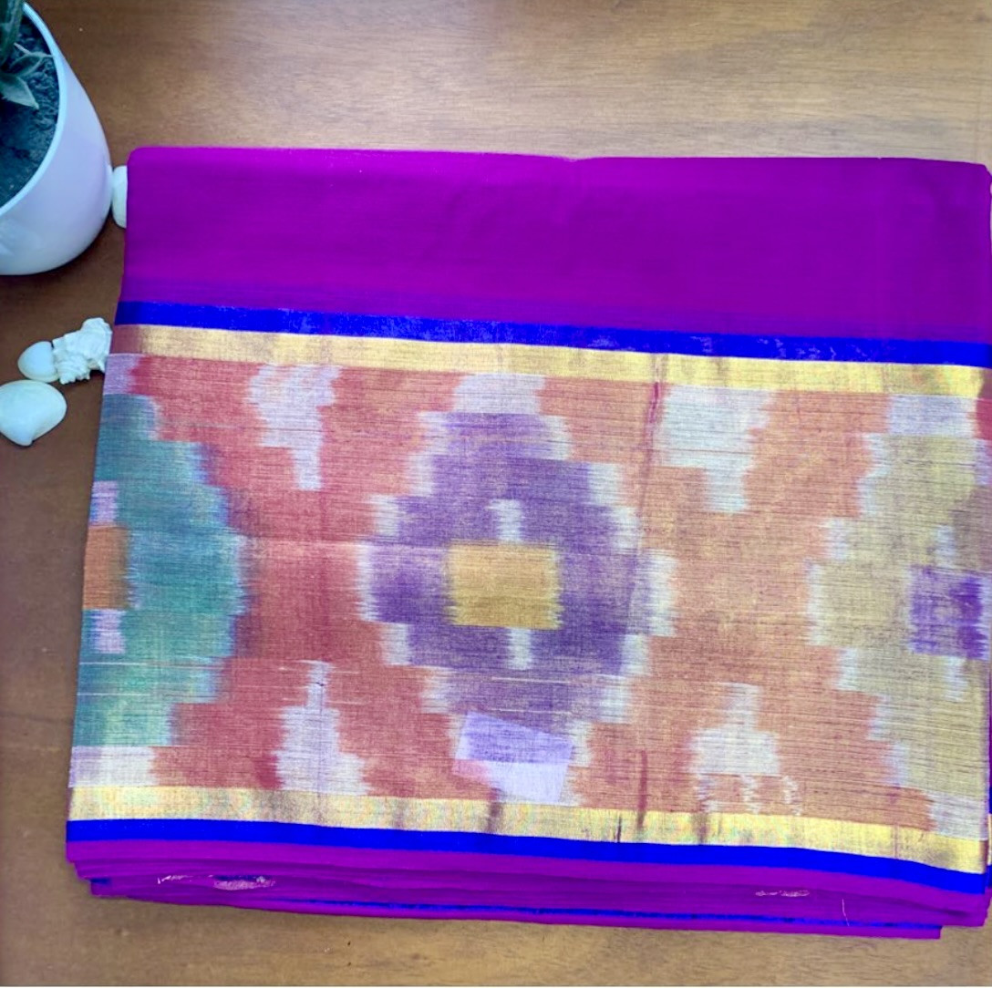 Neelima Venkatagiri Handwoven Cotton Saree in Royal Purple with Ikat Border