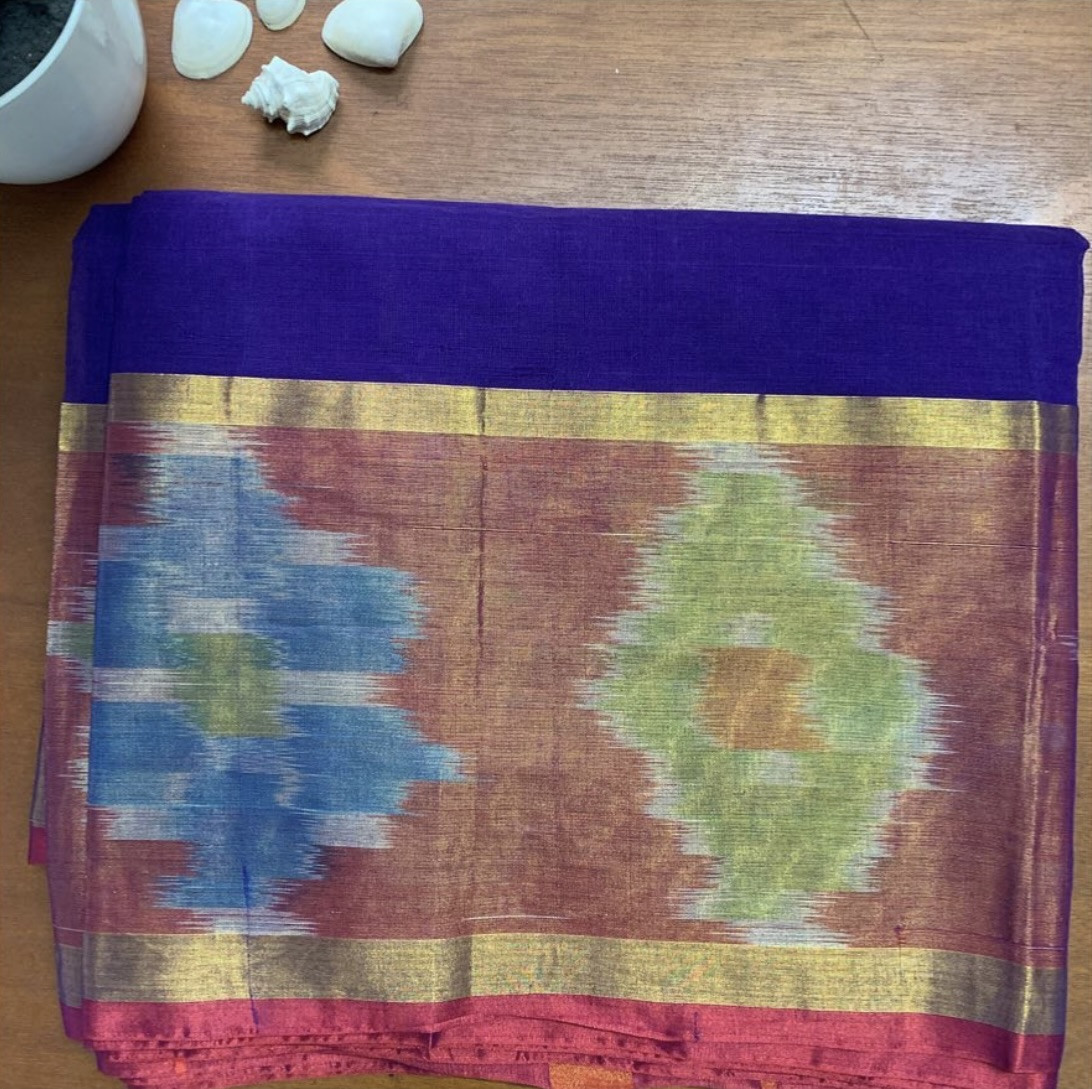 Indira Venkatagiri Handwoven Cotton Saree in Deep Blue with Ikat border