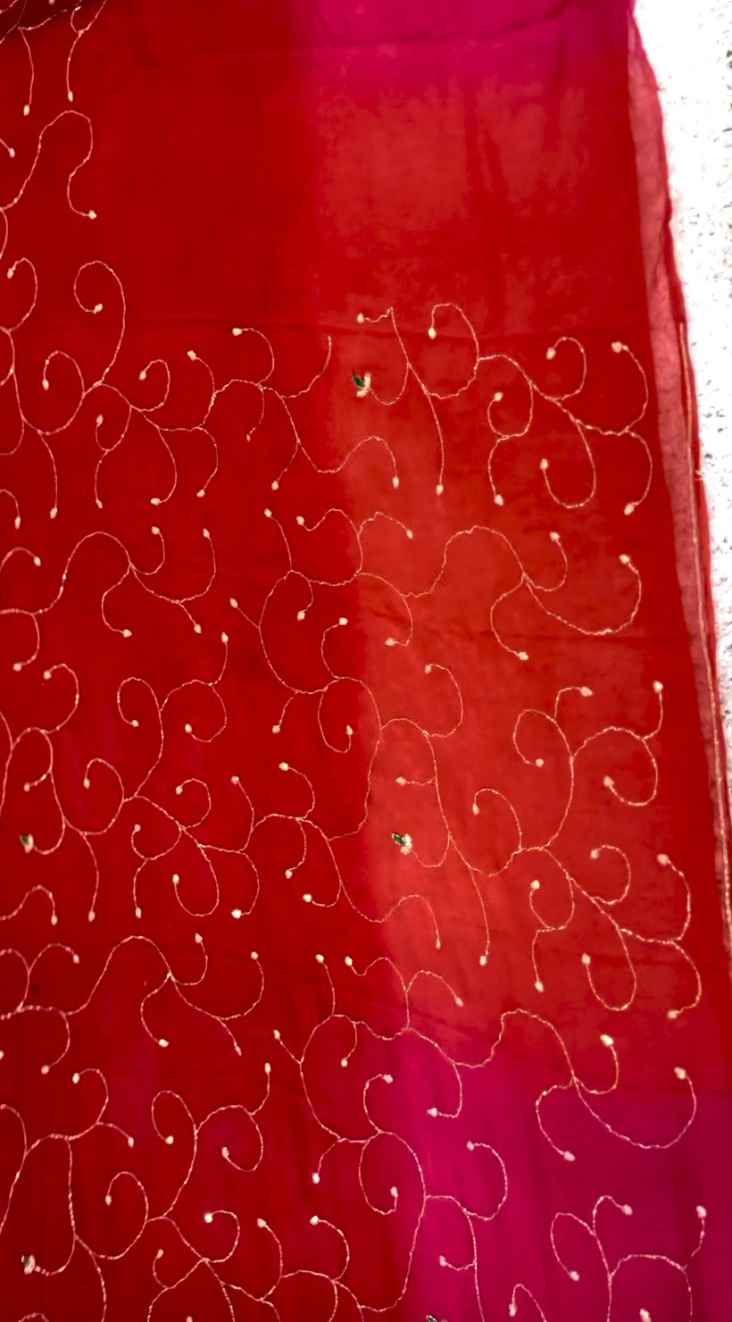 Ombre Red-Pink Magenta Diamond Chiffon Handwork Saree