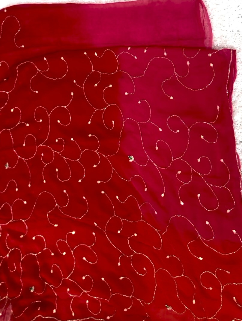 Ombre Red-Pink Magenta Diamond Chiffon Handwork Saree