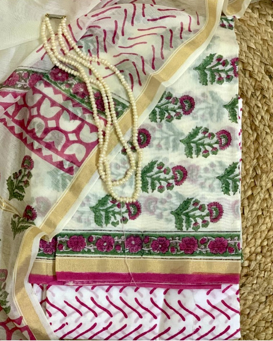 Vasanti Hand Block Printed Chanderi Suit Set Unstitched