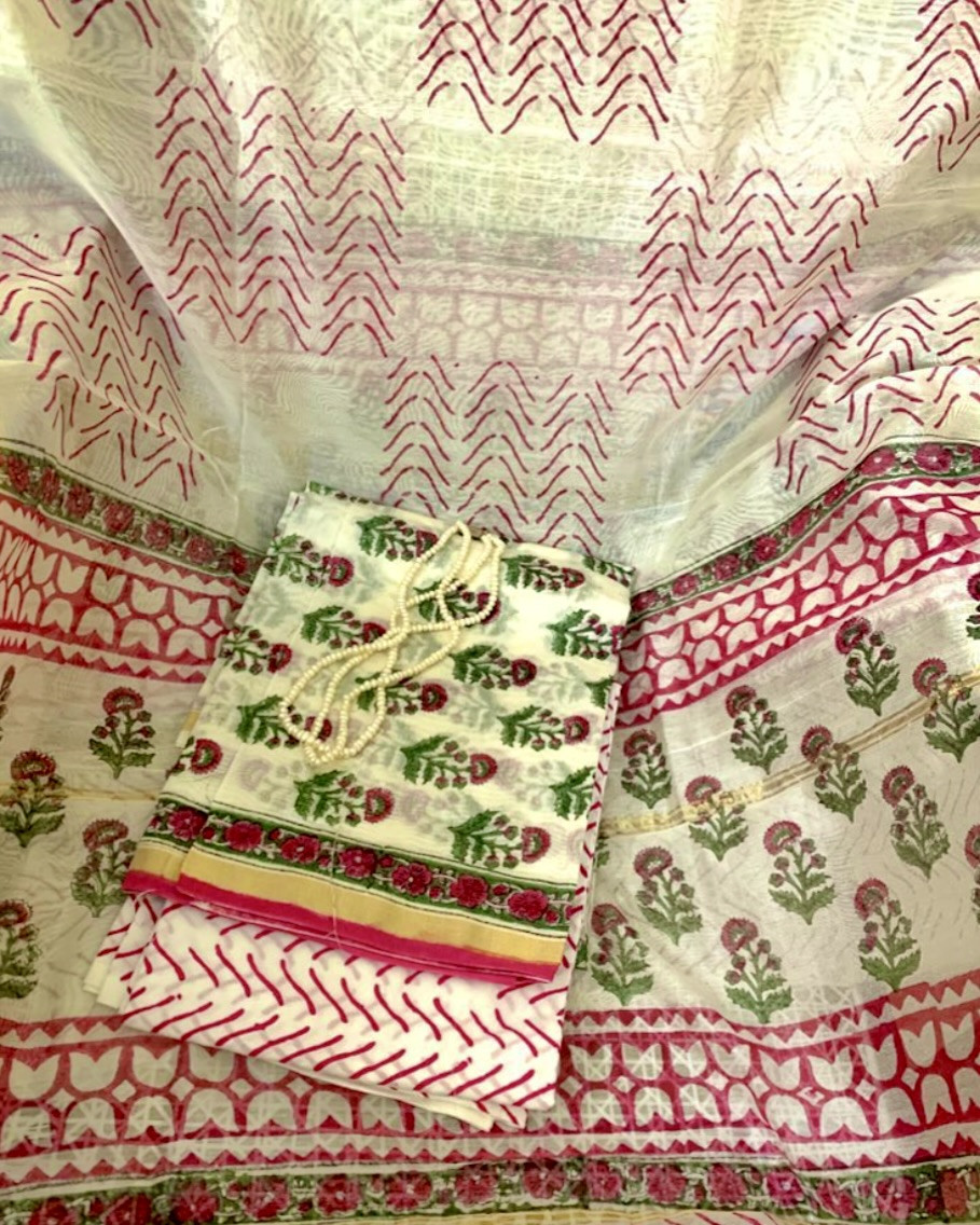 Vasanti Hand Block Printed Chanderi Suit Set Unstitched