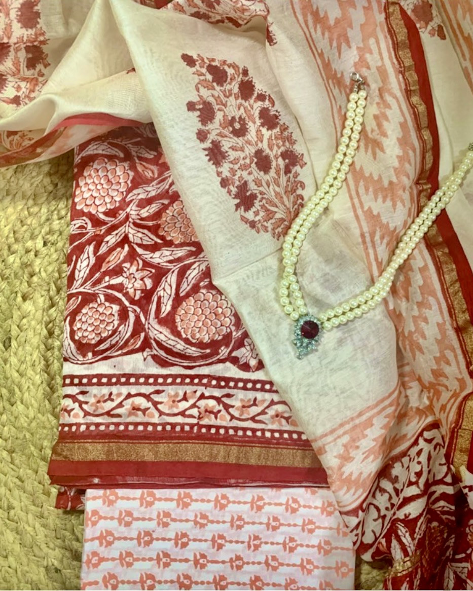 Kumudini Hand Block Printed Chanderi Silk Cotton Suit Set Natural Dye Unstitched