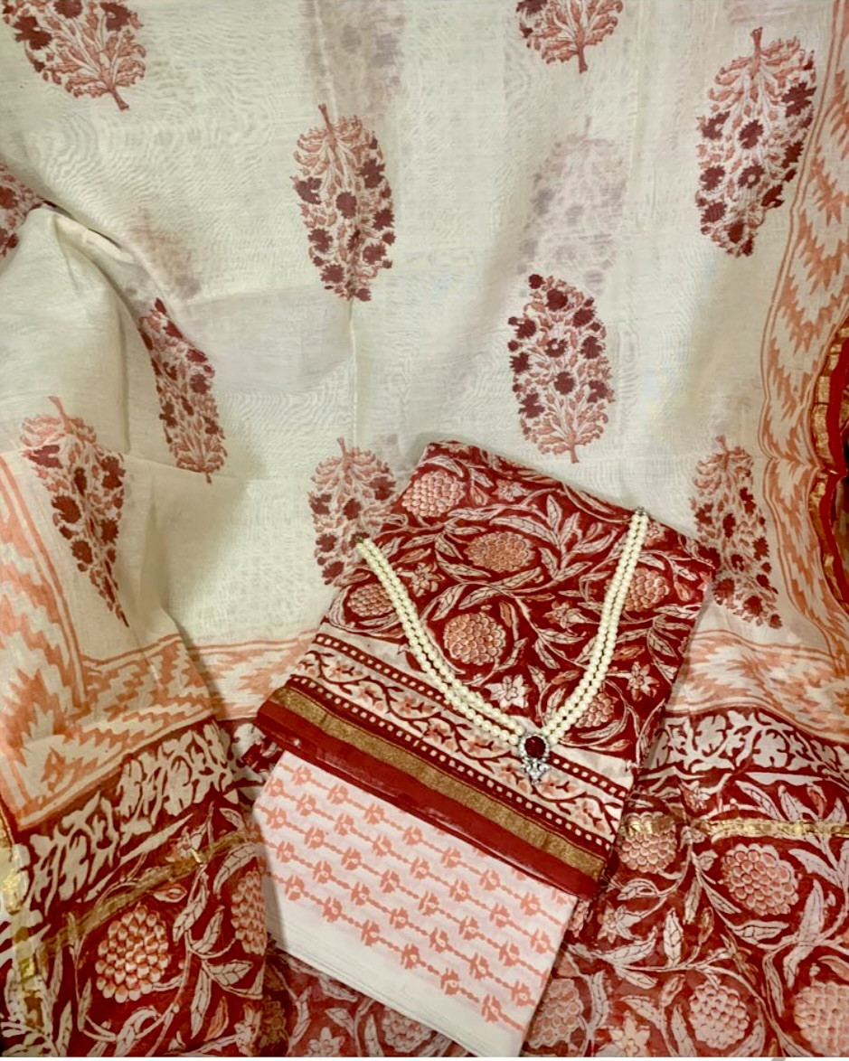 Kumudini Hand Block Printed Chanderi Silk Cotton Suit Set Natural Dye Unstitched