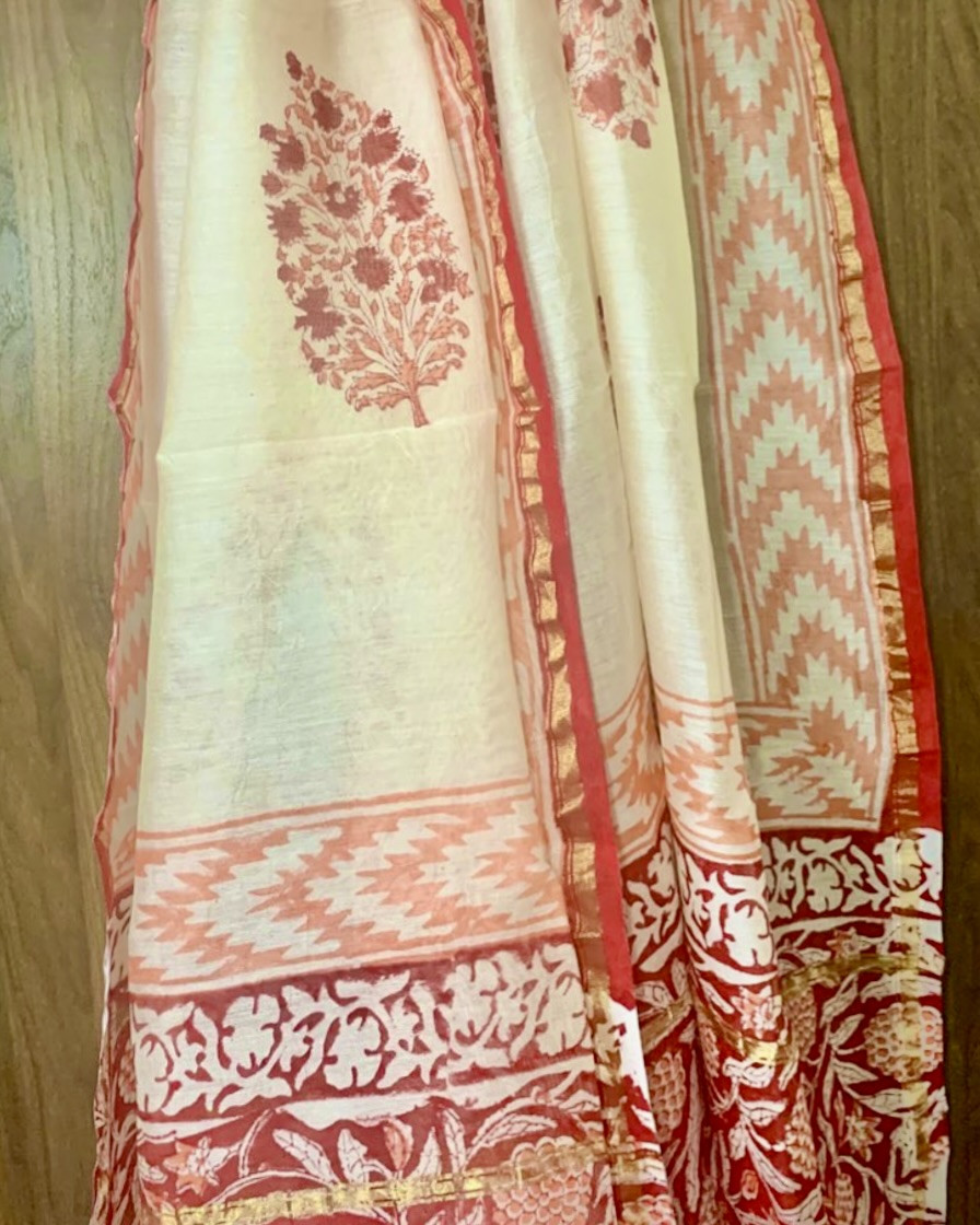 Kumudini Hand Block Printed Chanderi Silk Cotton Suit Set Natural Dye Unstitched