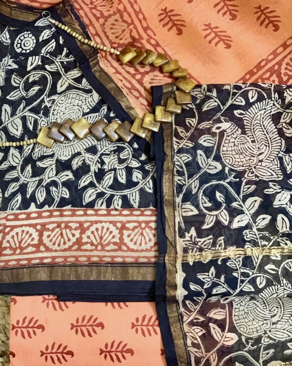 Navrangi Hand Block Printed Chanderi Suit Set Unstitched