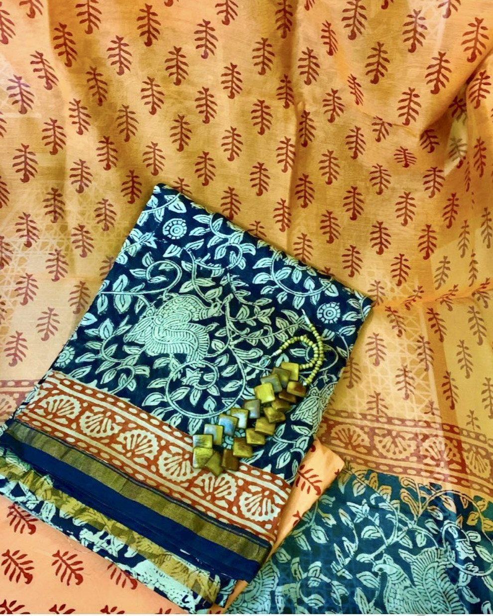 Navrangi Hand Block Printed Chanderi Suit Set Unstitched