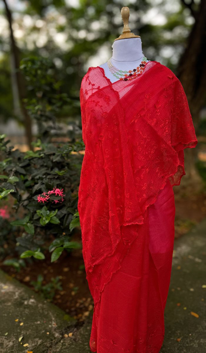 Gulnaar Pure Cotton Red Kota Doria Saree Rose Red