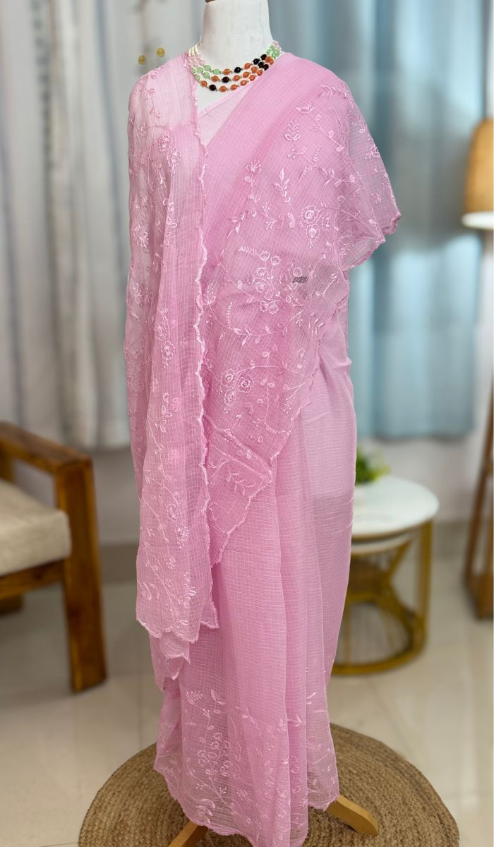 Suhani Light Pink Kota Doria Saree with Embroidery Scallop Border