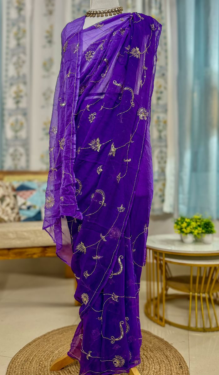 Ombre Purple Diamond Chiffon Hand Embroidered Saree