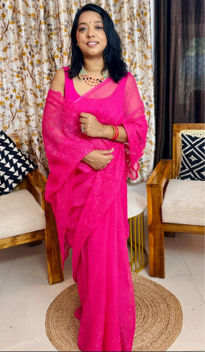 Meher Dark Pink Kota Doria Cotton Saree with Embroidery Scallop Border