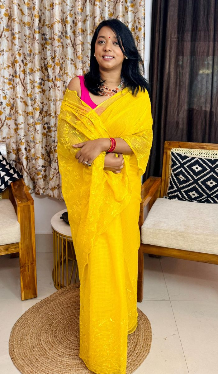 Basanti Bahar Kota Doria Saree - Sunshine Yellow