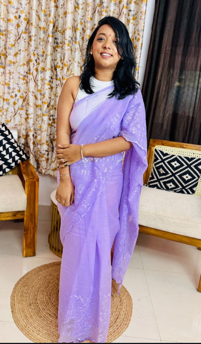 Vanya Light Purple Cotton Kota Doria Saree with Embroidery Scallop Border