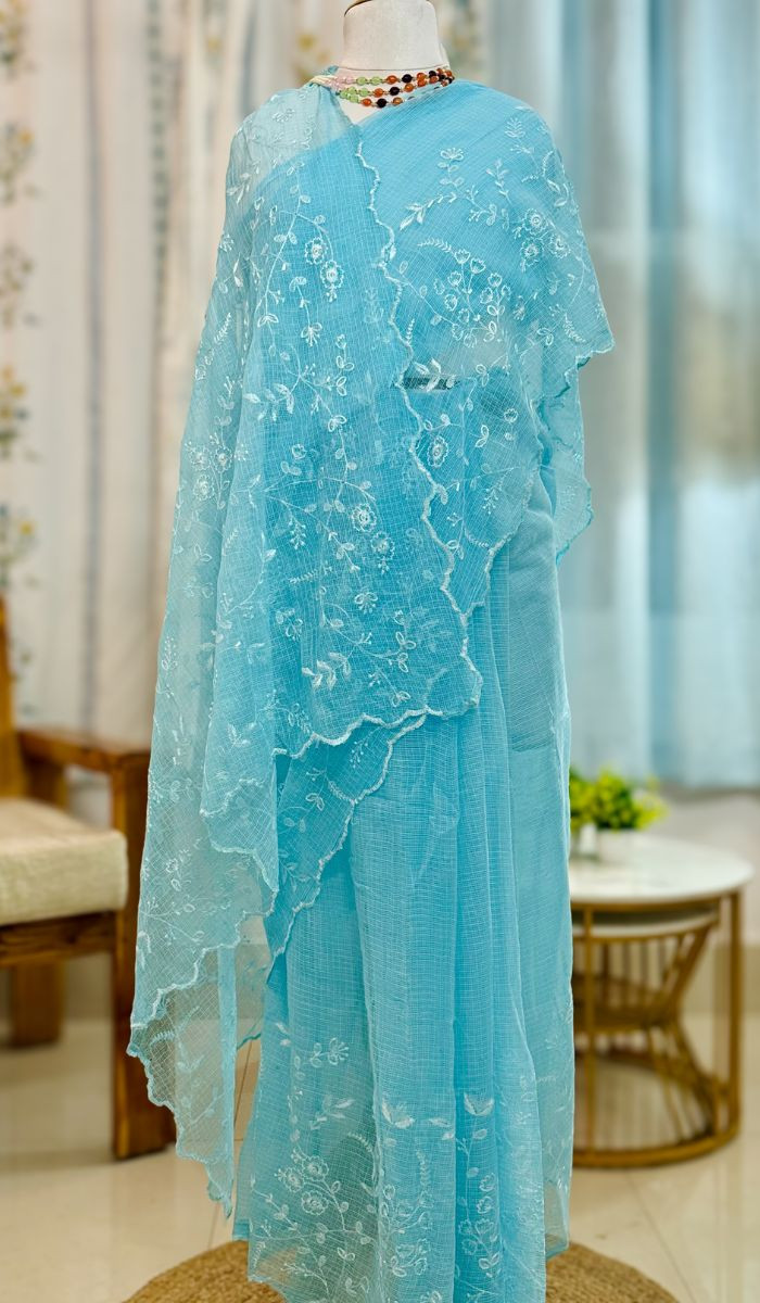 Neelangi Pure Cotton Kota Doria Saree - Cloudy Blue
