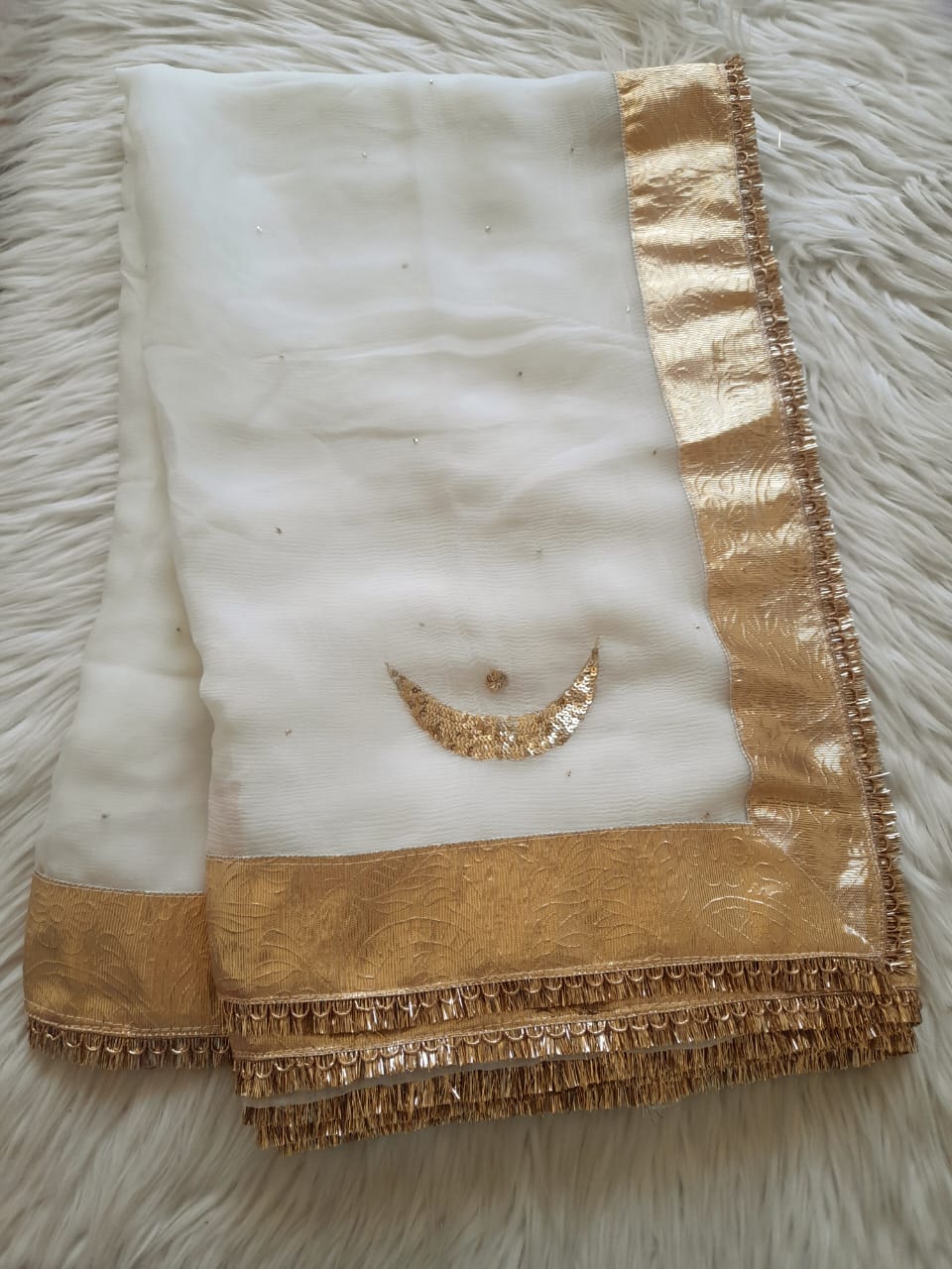 Ivory Moonlight Pure Chiffon Saree with Chand Butta Golden Lafa Border