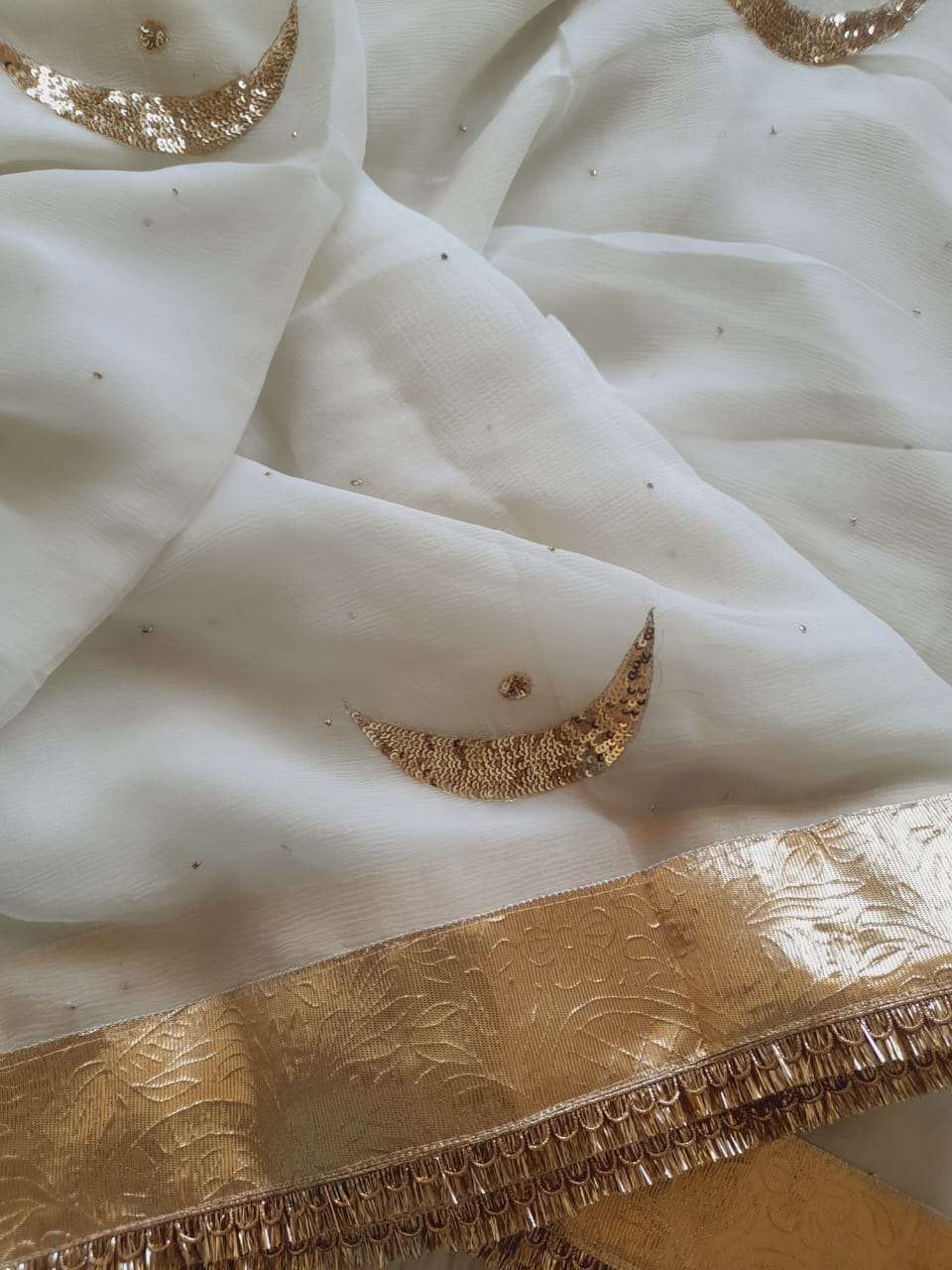 Ivory Moonlight Pure Chiffon Saree with Chand Butta Golden Lafa Border