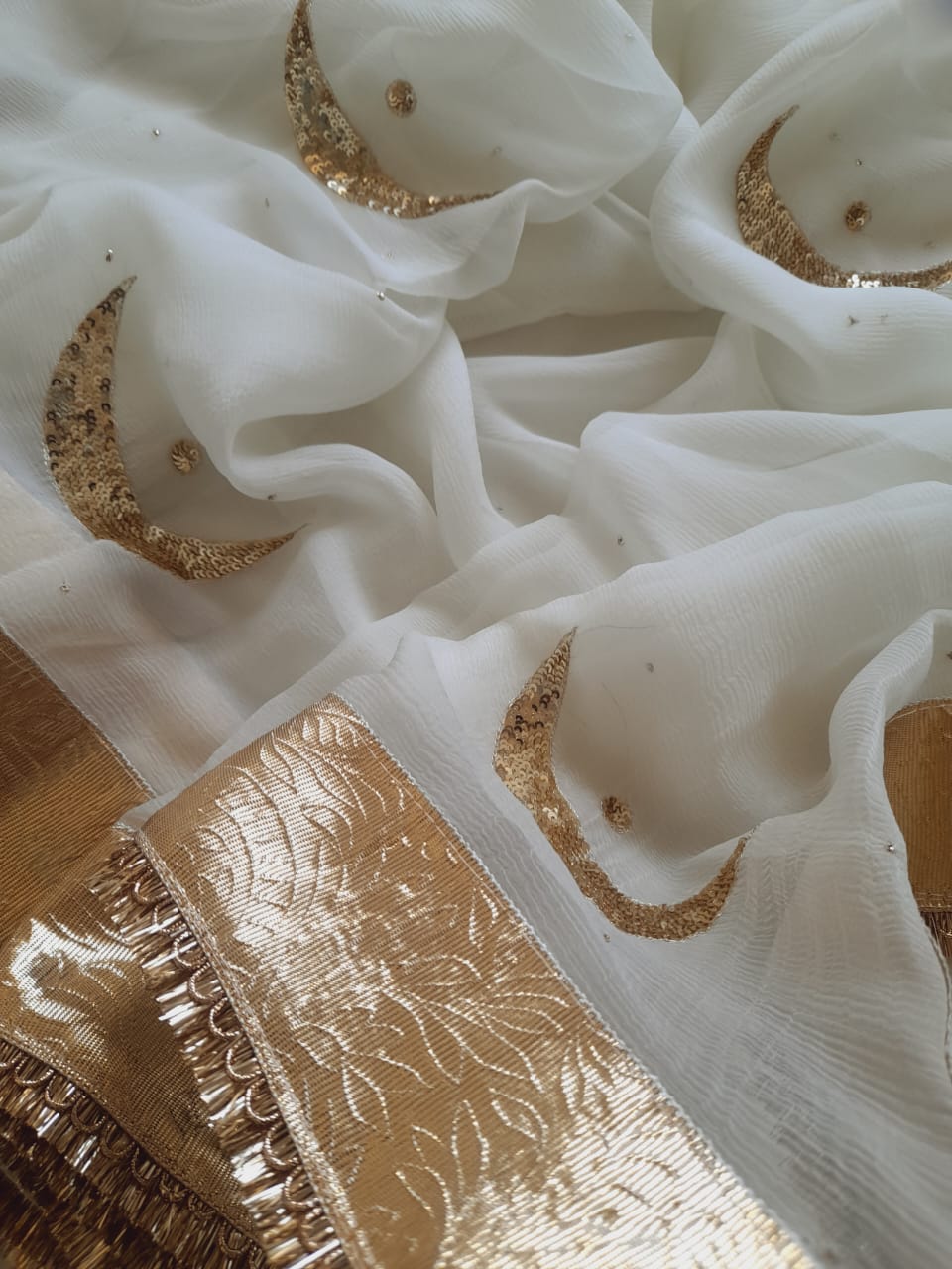 Ivory Moonlight Pure Chiffon Saree with Chand Butta Golden Lafa Border