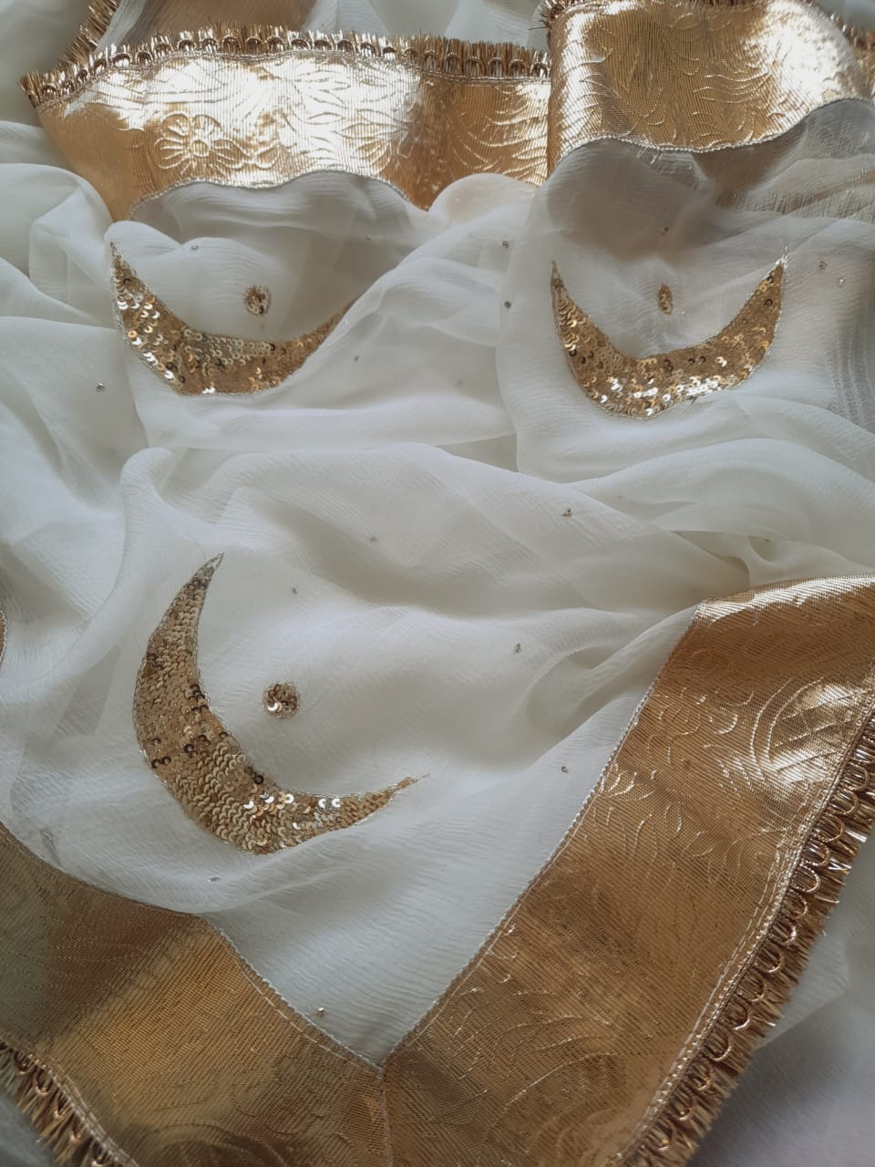 Ivory Moonlight Pure Chiffon Saree with Chand Butta Golden Lafa Border