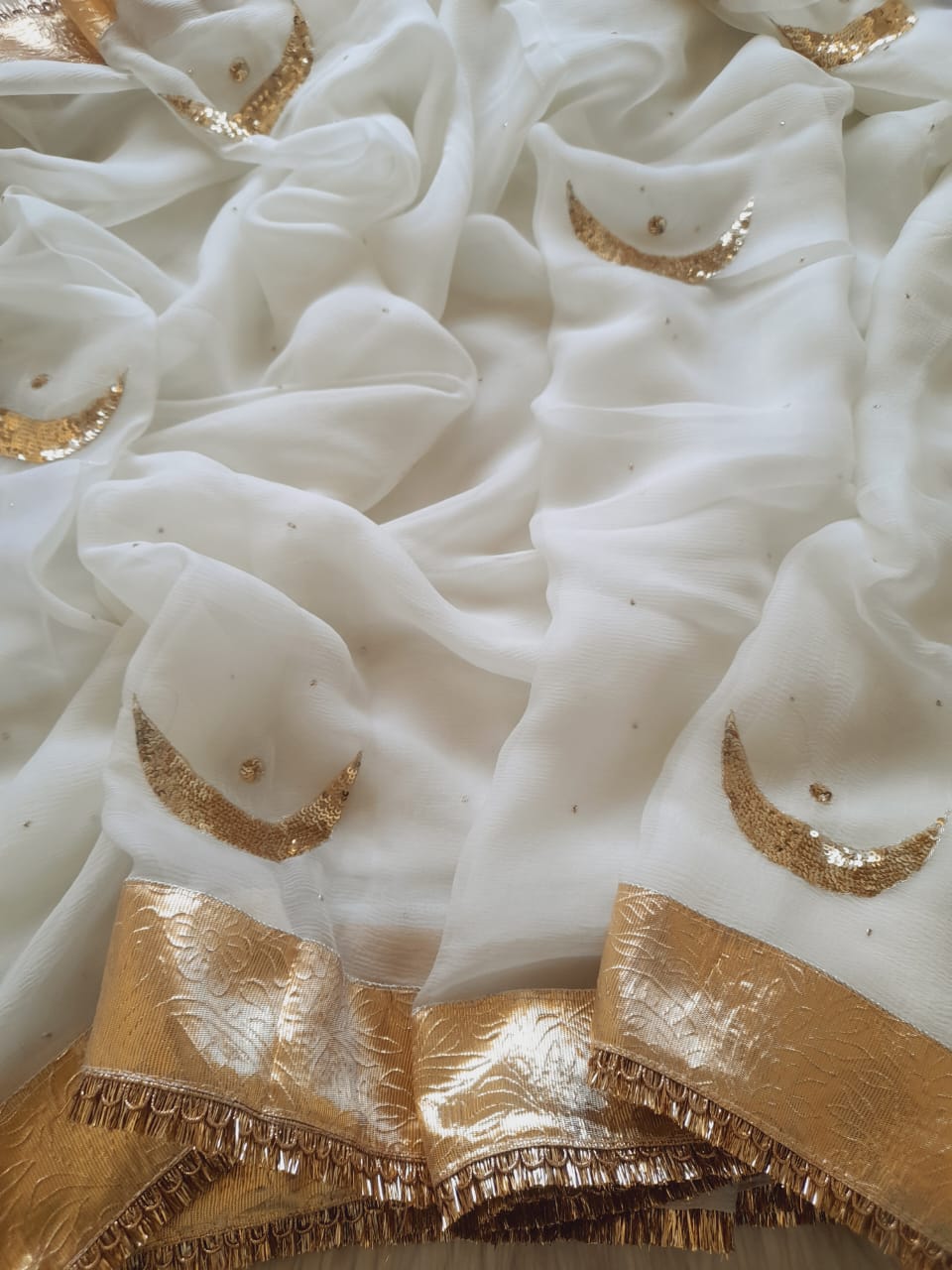 Ivory Moonlight Pure Chiffon Saree with Chand Butta Golden Lafa Border