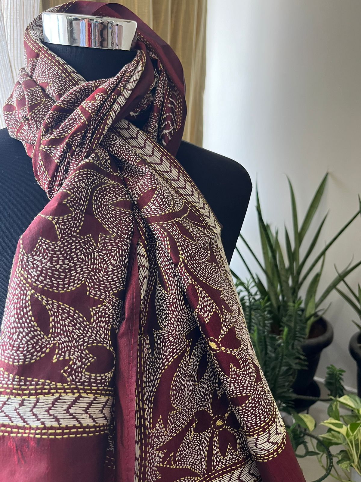 Pure Silk Kantha Hand Embroidered Stole - Maroon