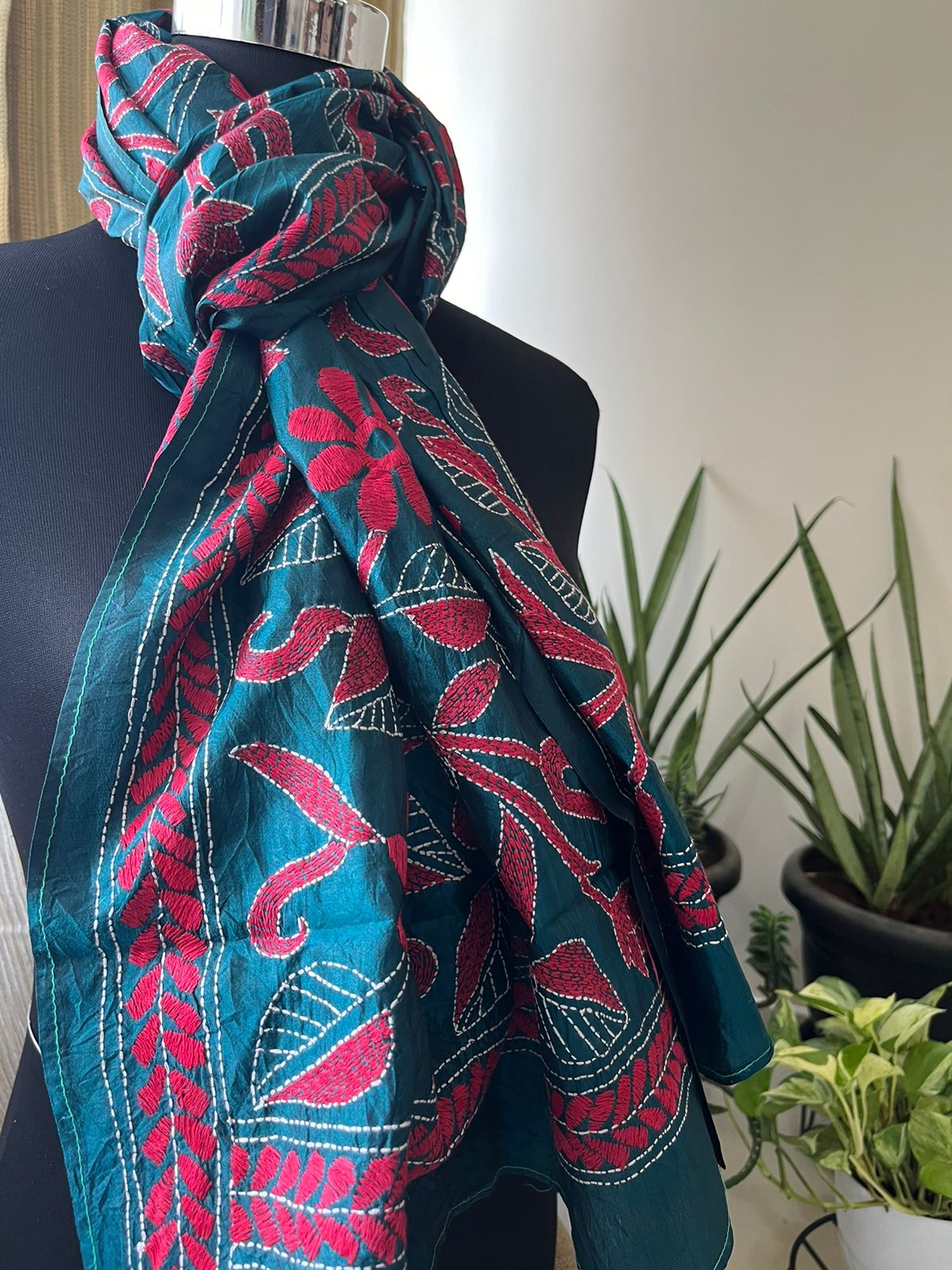 Pure Silk Kantha Hand Embroidered Stole - Blue and Pink