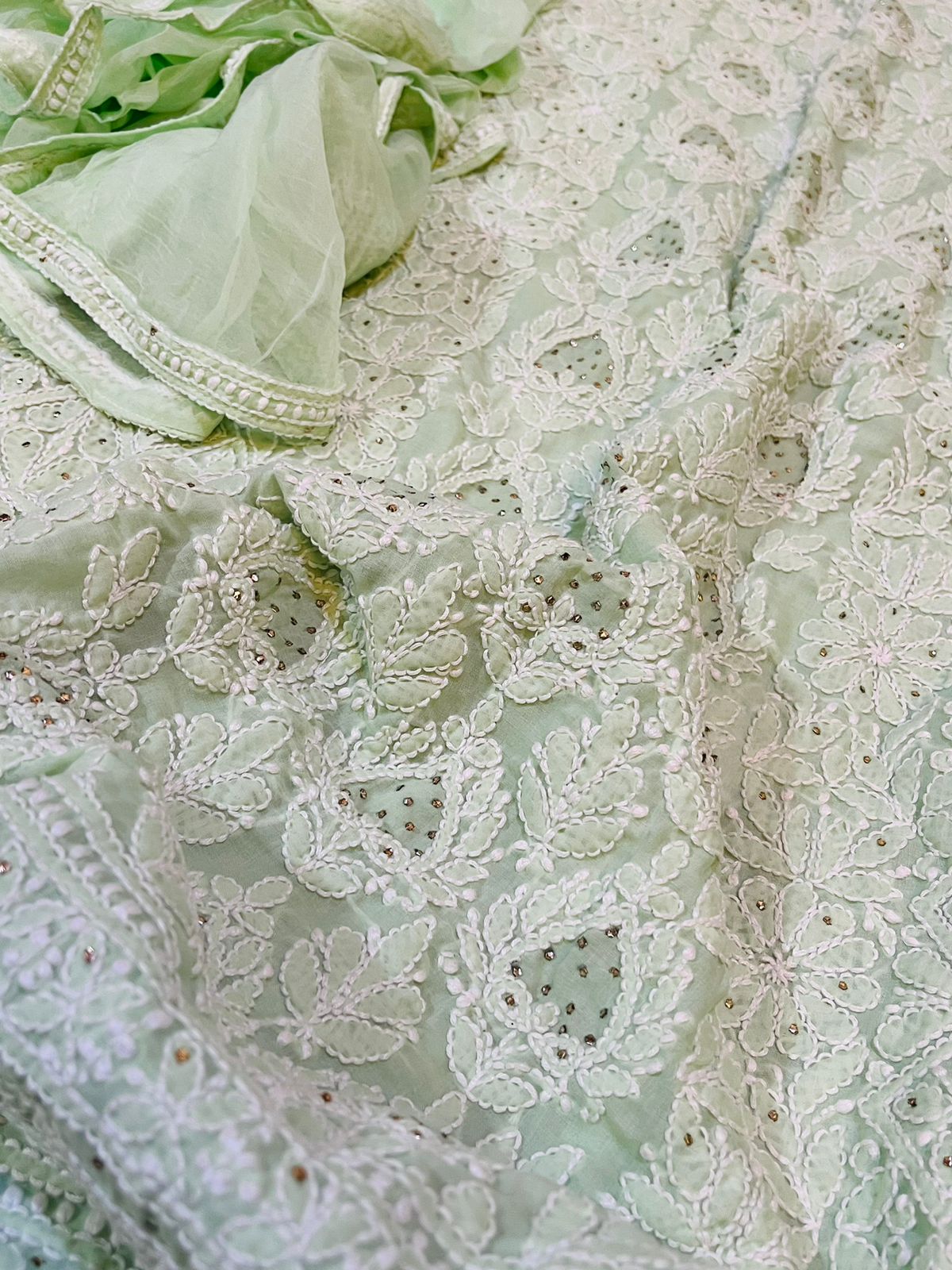 Pure mul cotton Hand Embroidered Chikankari Party Wear 3 piece suit - Pista Green