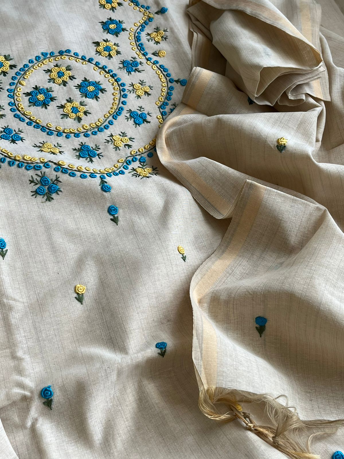 Pure cotton 3-piece suits with French Knot Embroidery work