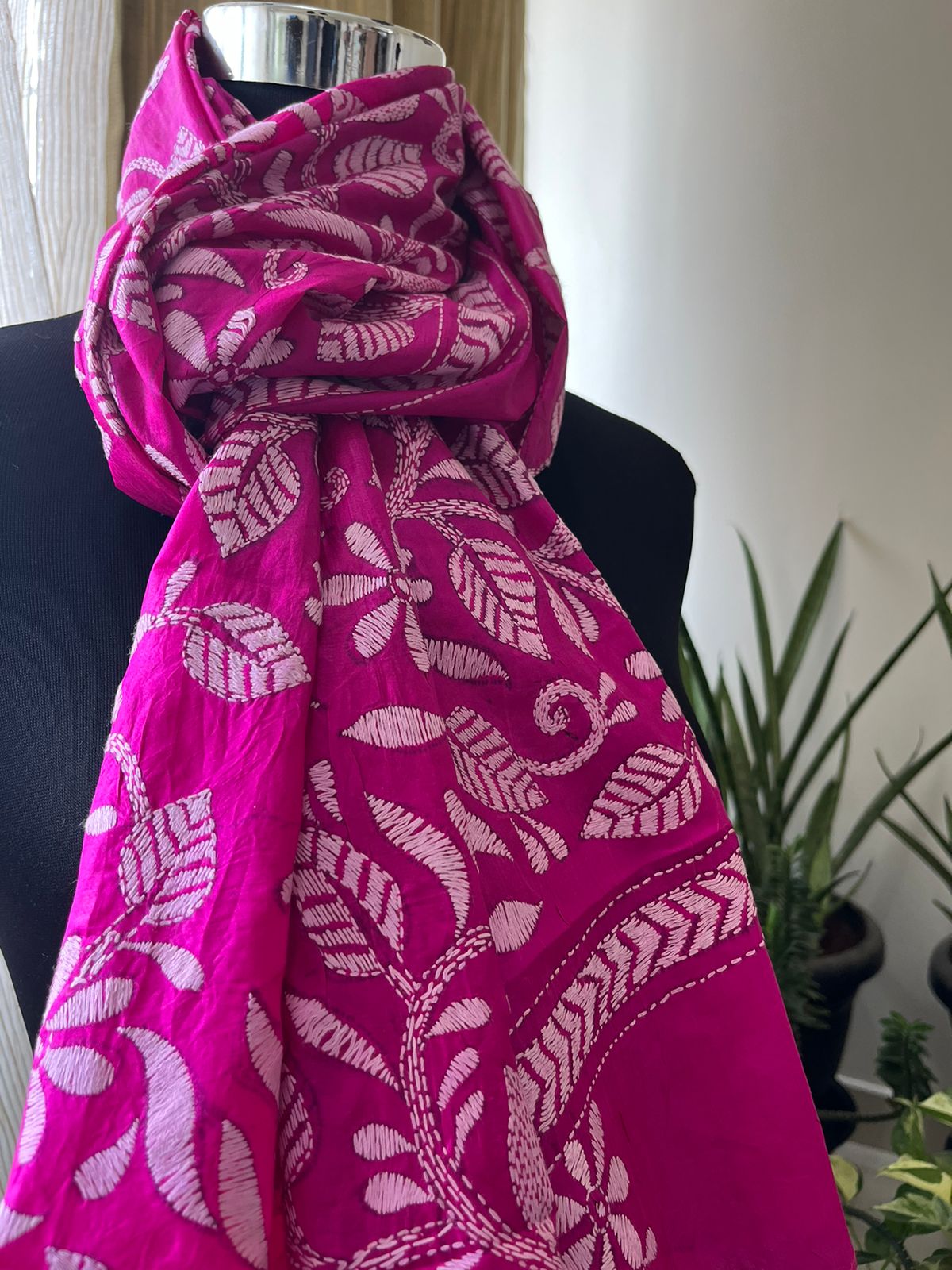 Pure Silk Kantha Hand Embroidered Stole - Pink