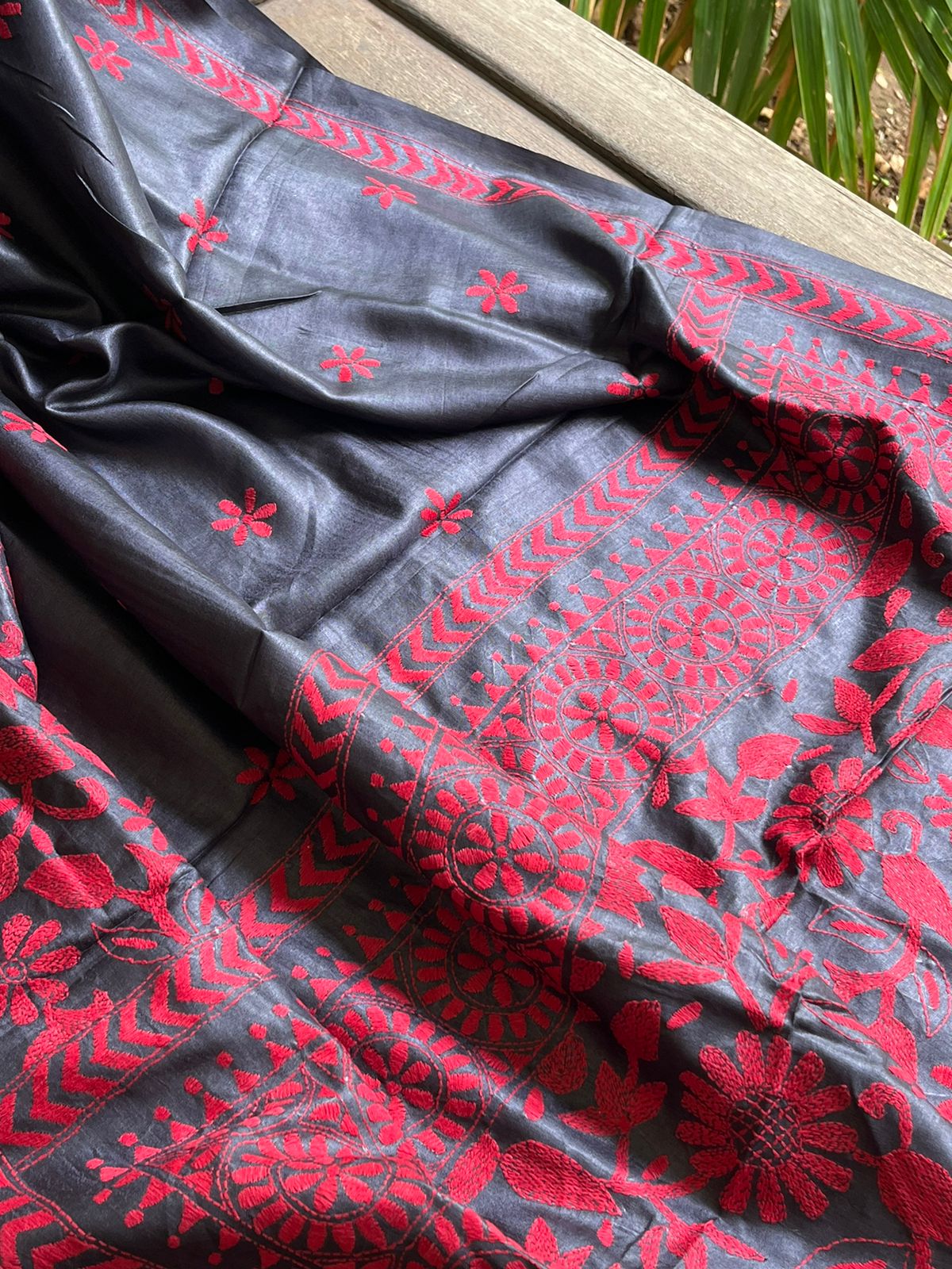 Pure Tussar Silk Handwoven Saree with hand Kantha Embroidery - Charcoal Black with Red