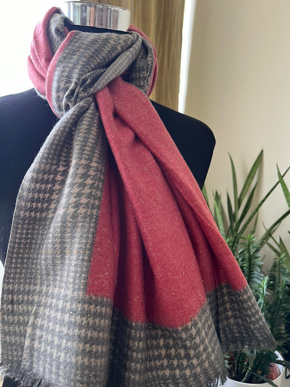 Soft and comfortable woollen stole with border and shimmer - Pastel Red and Grey