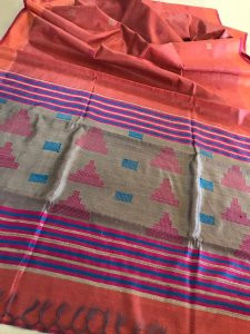 Pure Handwoven Raw Silk Saree- Light orange Grey