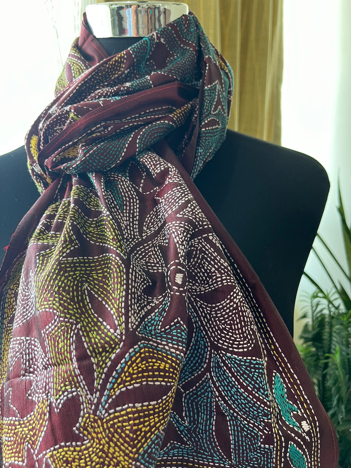 Pure Silk Kantha Hand Embroidered Stole - Maroon