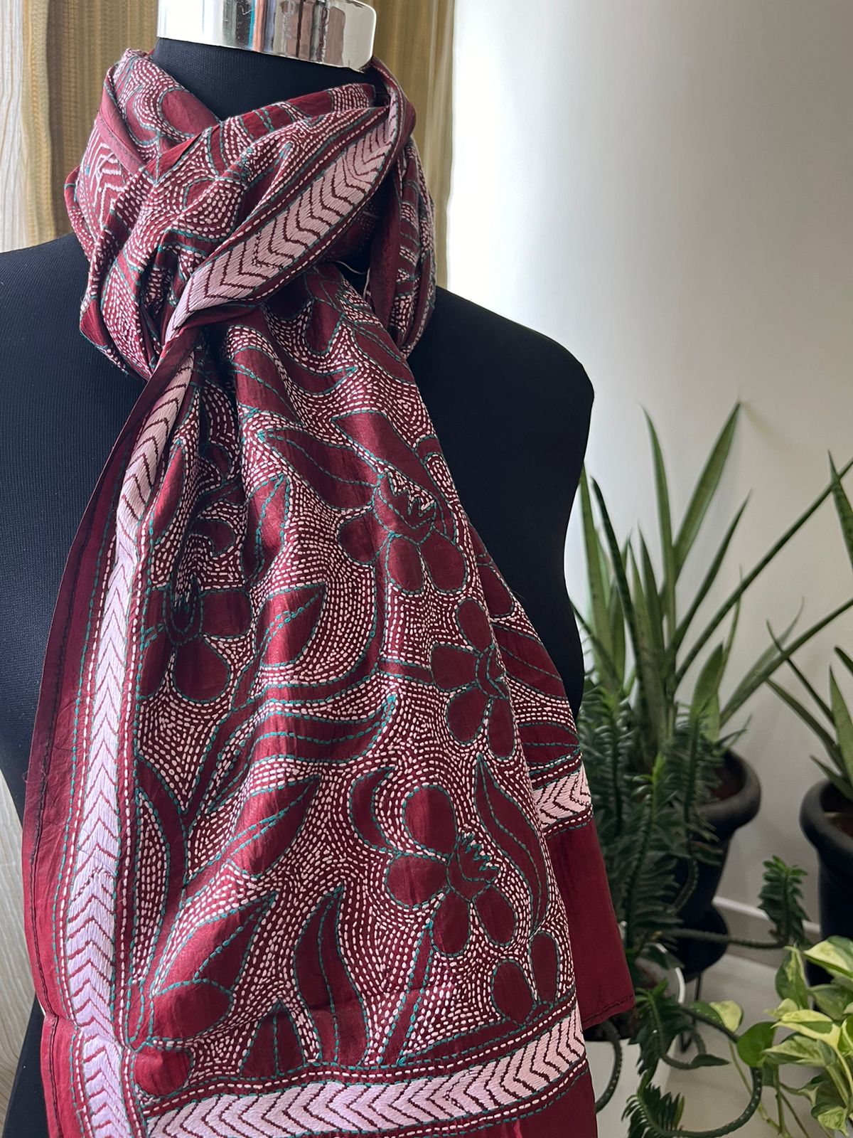 Pure Silk Kantha Hand Embroidered Stole - Wine Red