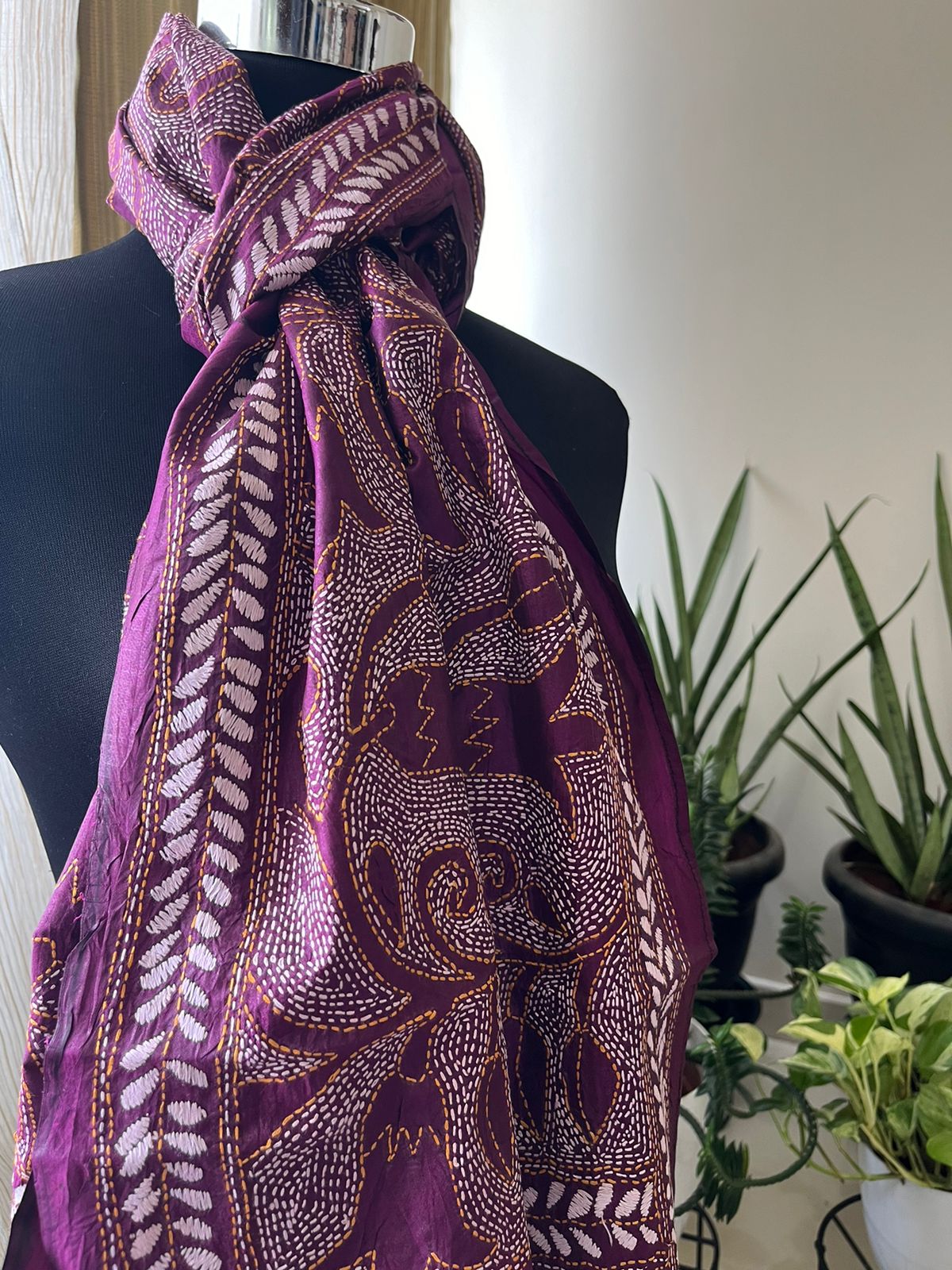 Pure Silk Kantha Hand Embroidered Stole - Maroon