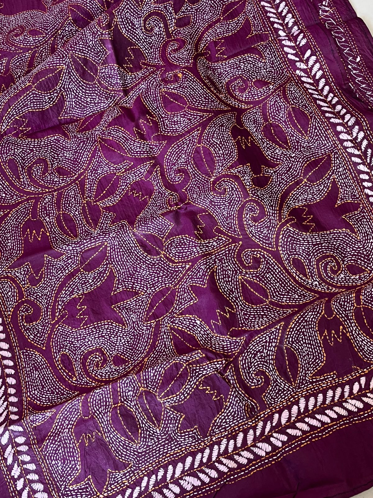 Pure Silk Kantha Hand Embroidered Stole - Maroon