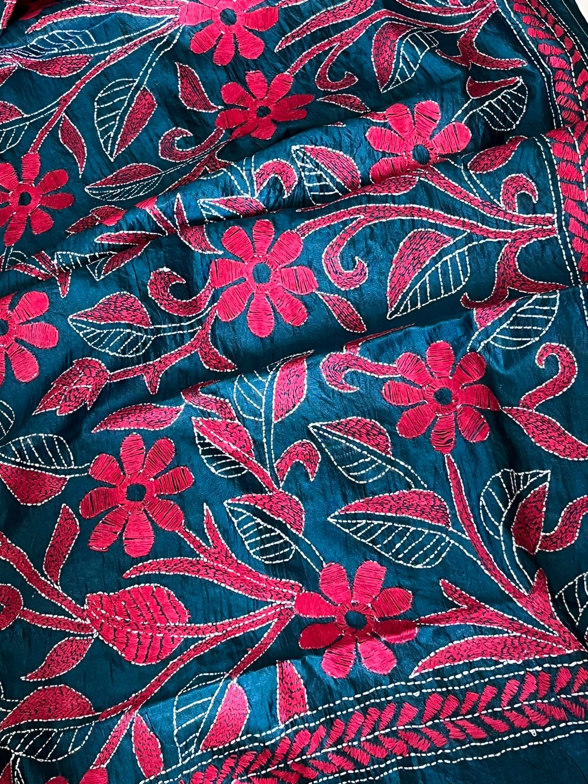 Pure Silk Kantha Hand Embroidered Stole - Blue and Pink